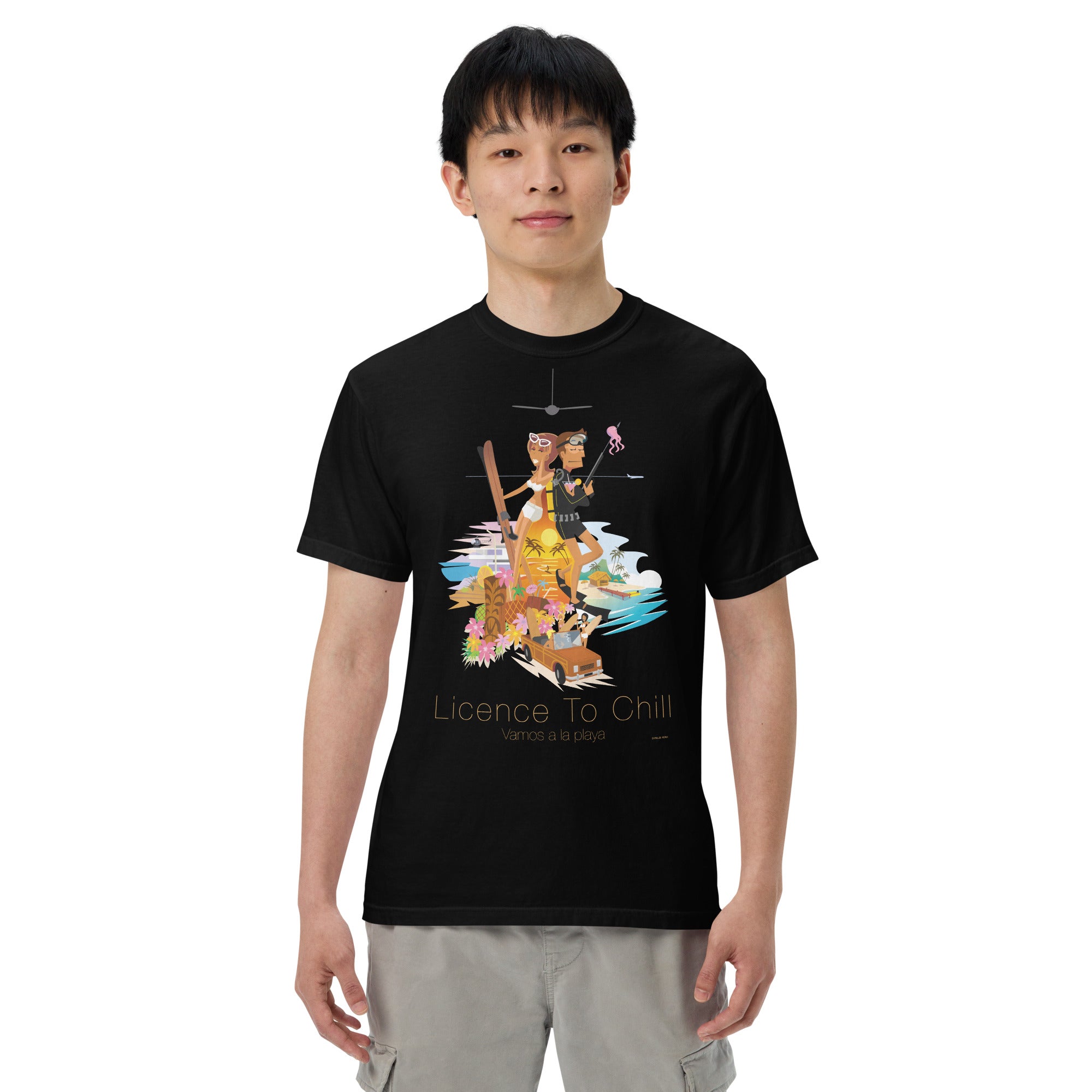 Unisex garment-dyed heavyweight t-shirt License to Chill Vamos a la Playa on dark colors