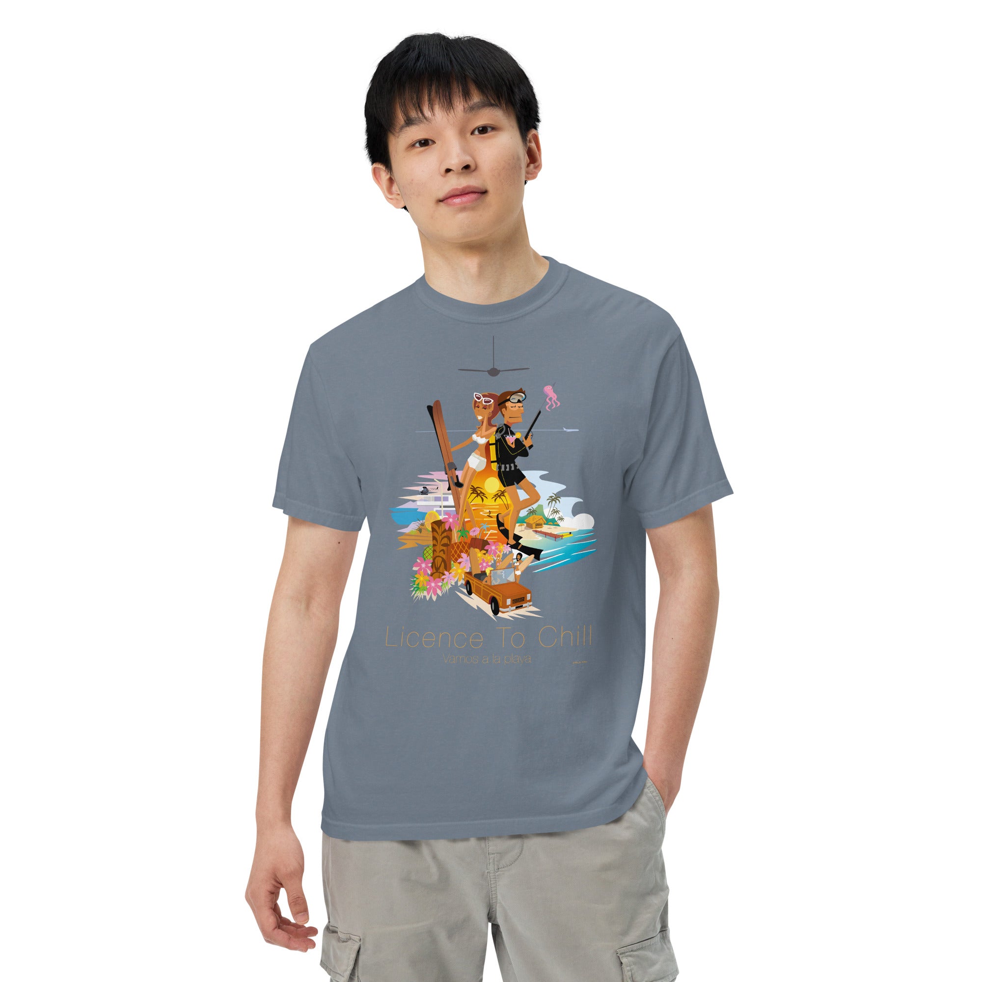 Unisex garment-dyed heavyweight t-shirt License to Chill Vamos a la Playa on dark colors