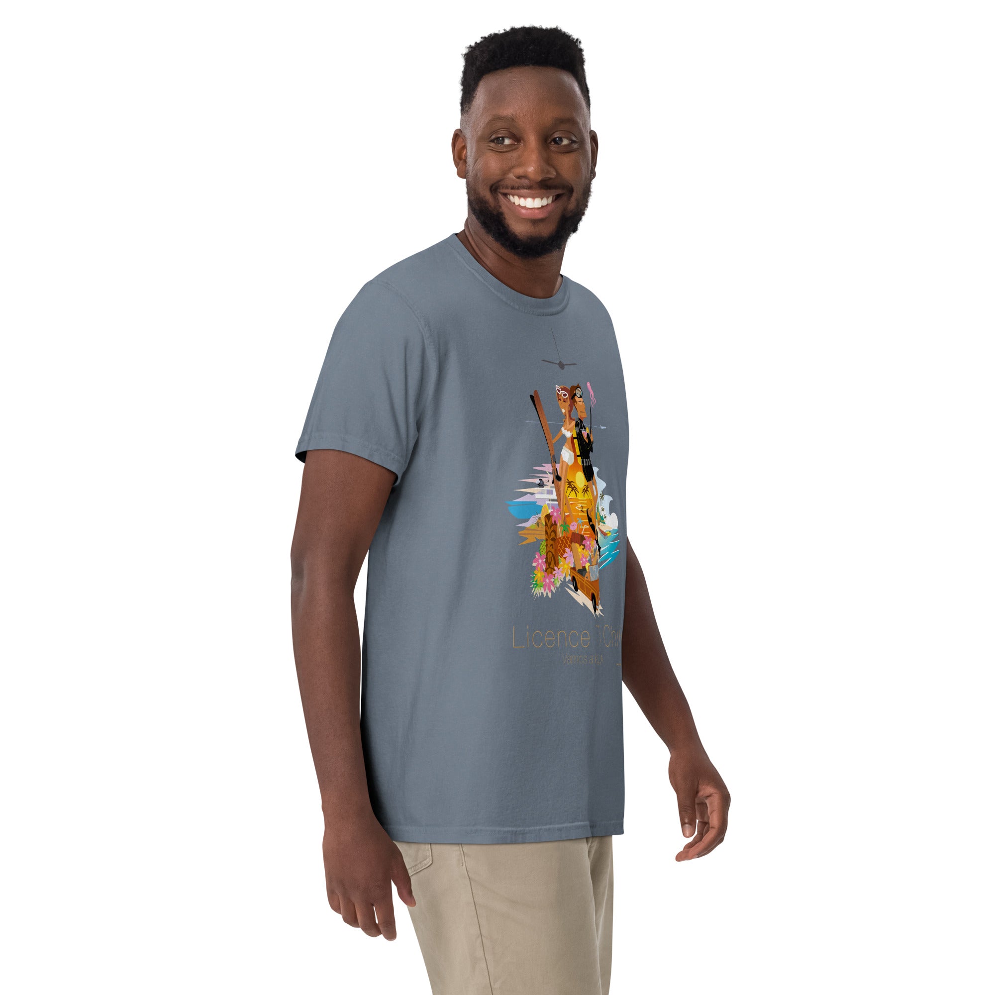 Unisex garment-dyed heavyweight t-shirt License to Chill Vamos a la Playa on dark colors
