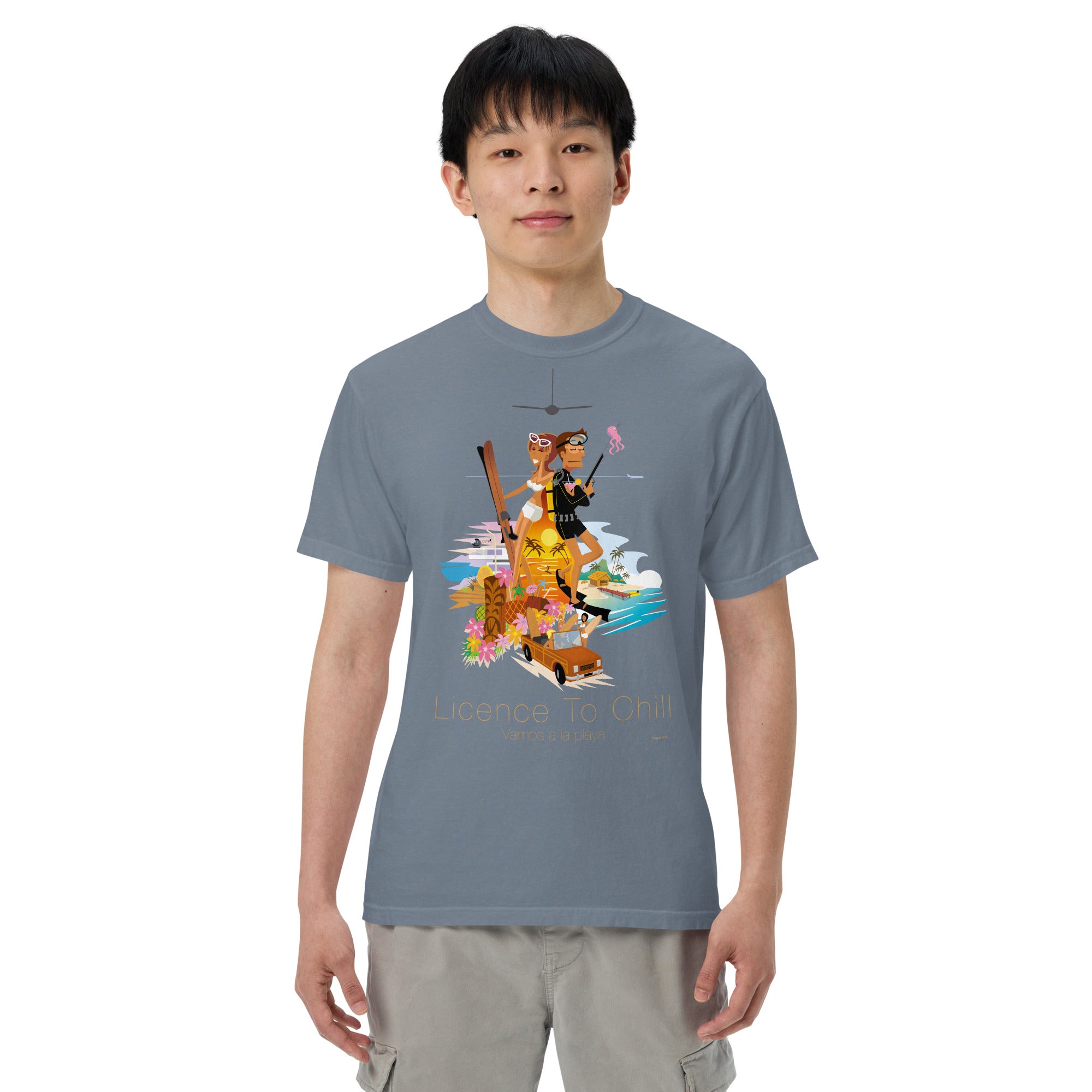 Unisex garment-dyed heavyweight t-shirt License to Chill Vamos a la Playa on dark colors