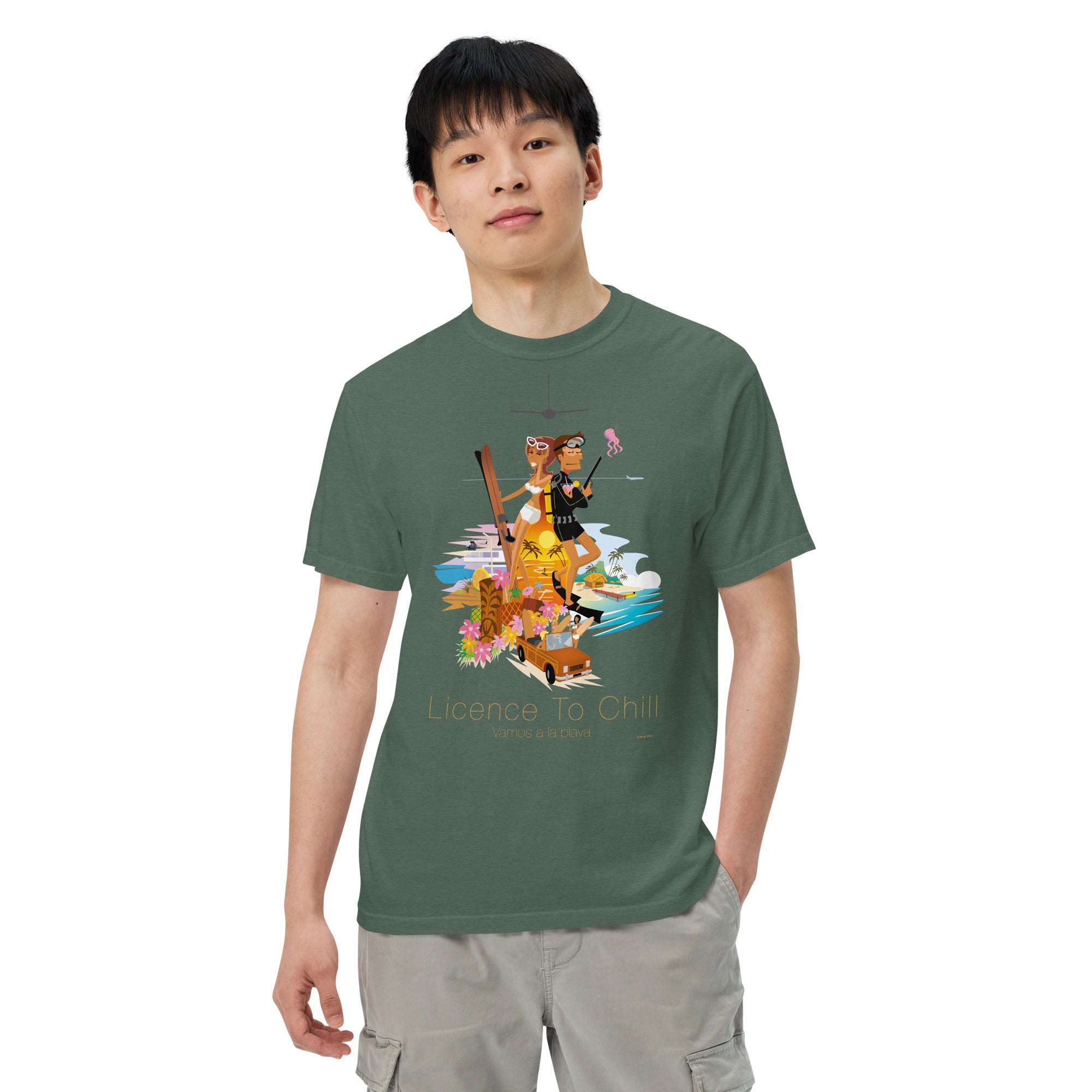Unisex garment-dyed heavyweight t-shirt License to Chill Vamos a la Playa on dark colors
