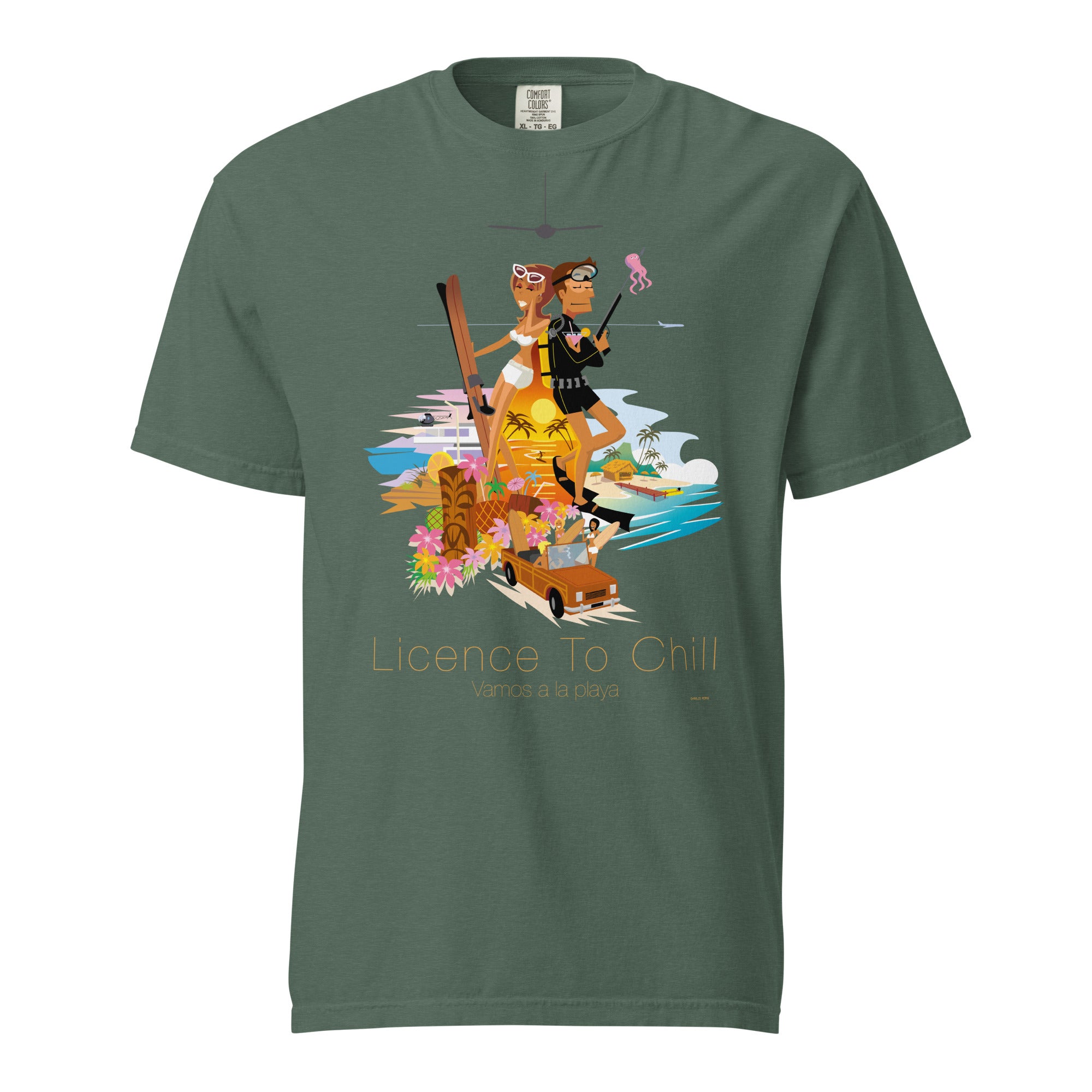 Unisex garment-dyed heavyweight t-shirt License to Chill Vamos a la Playa on dark colors