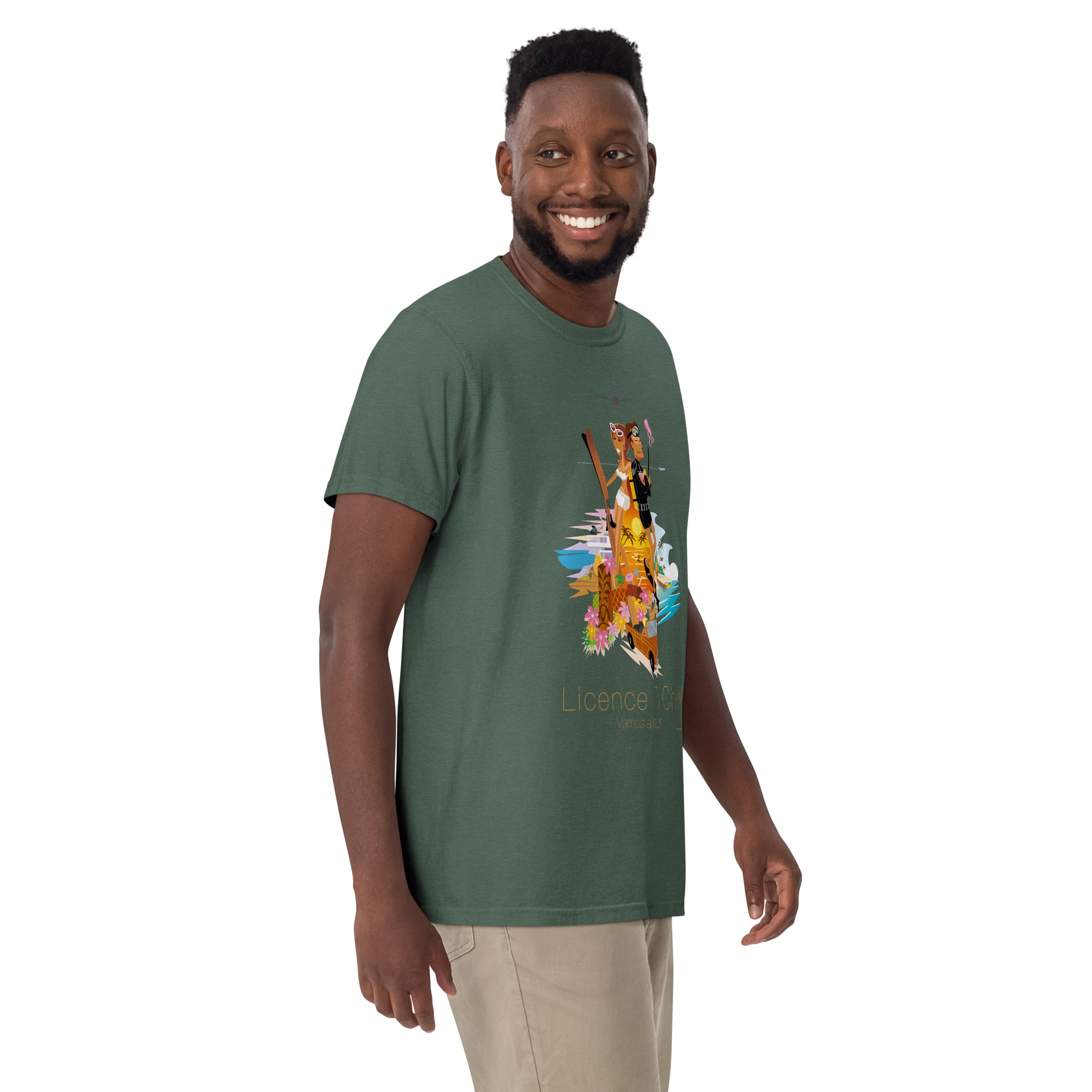 Unisex garment-dyed heavyweight t-shirt License to Chill Vamos a la Playa on dark colors