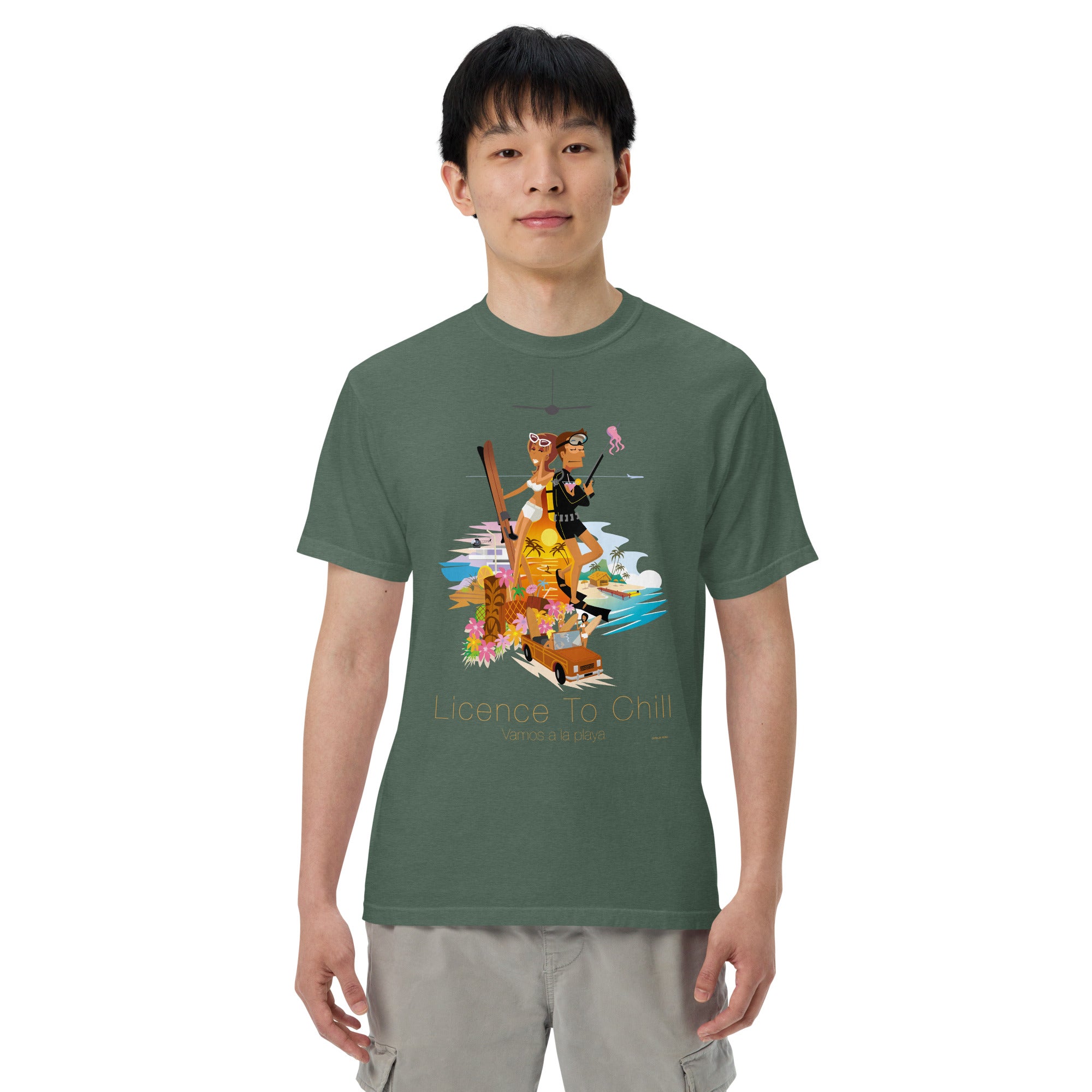 Unisex garment-dyed heavyweight t-shirt License to Chill Vamos a la Playa on dark colors