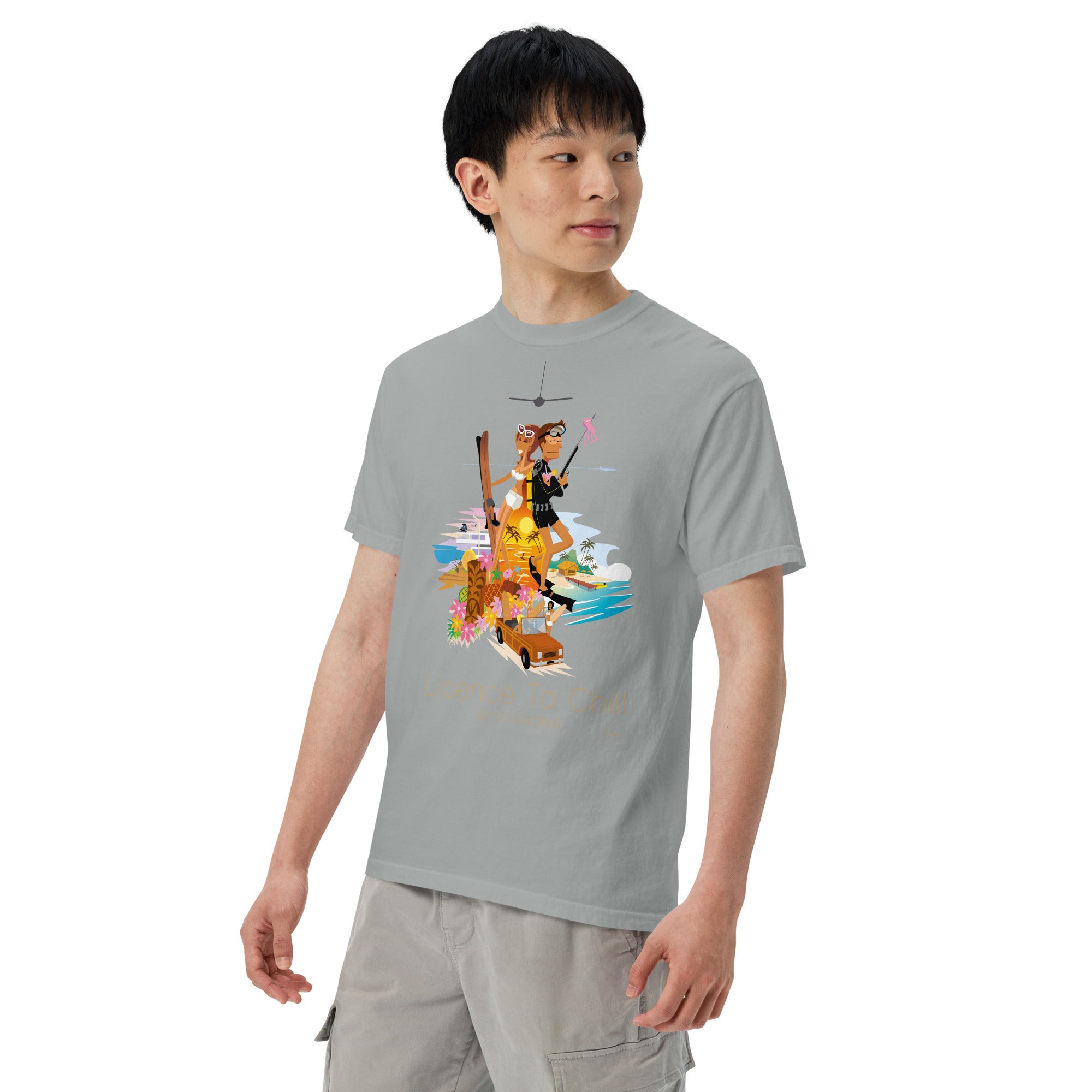 Unisex garment-dyed heavyweight t-shirt License to Chill Vamos a la Playa on dark colors