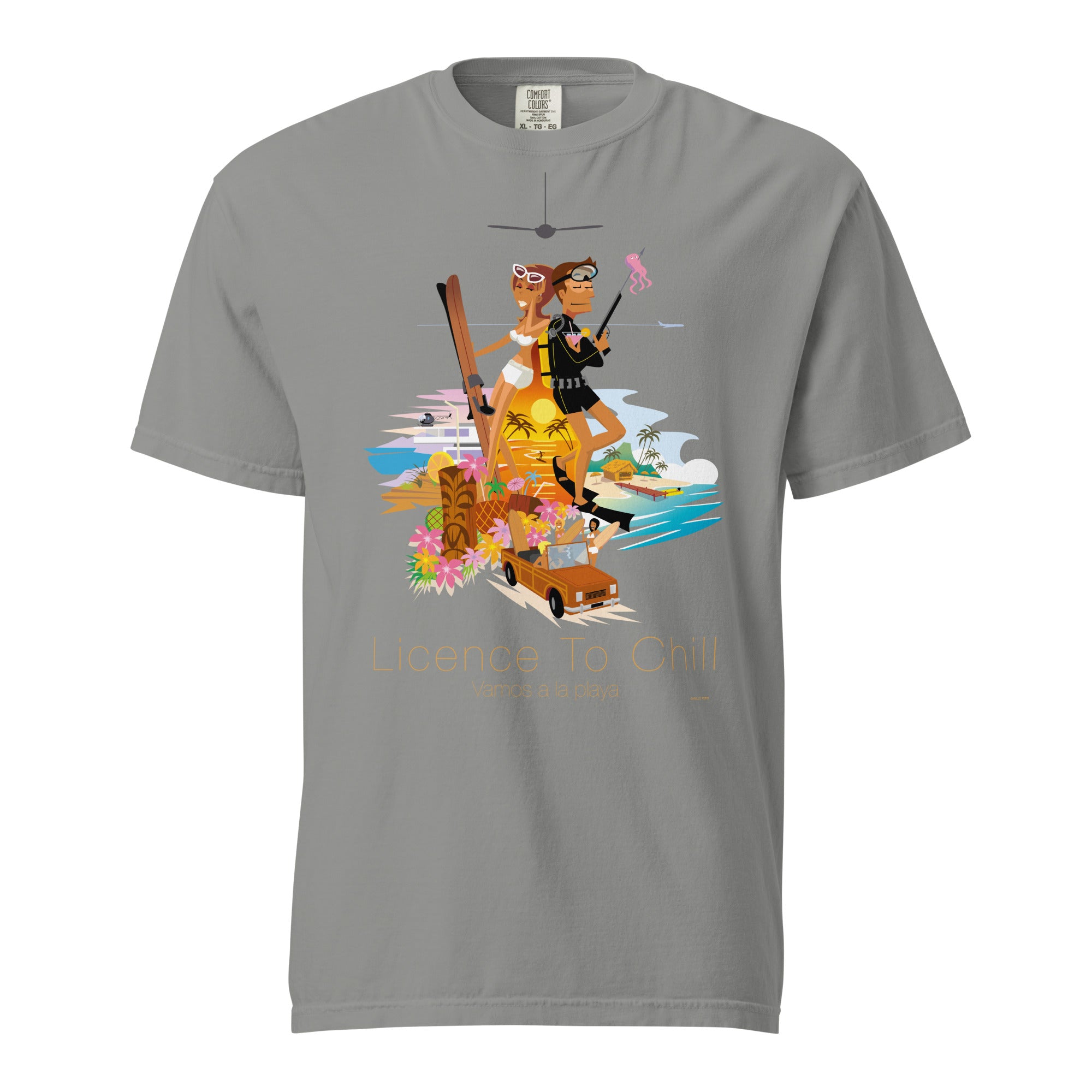 Unisex garment-dyed heavyweight t-shirt License to Chill Vamos a la Playa on dark colors