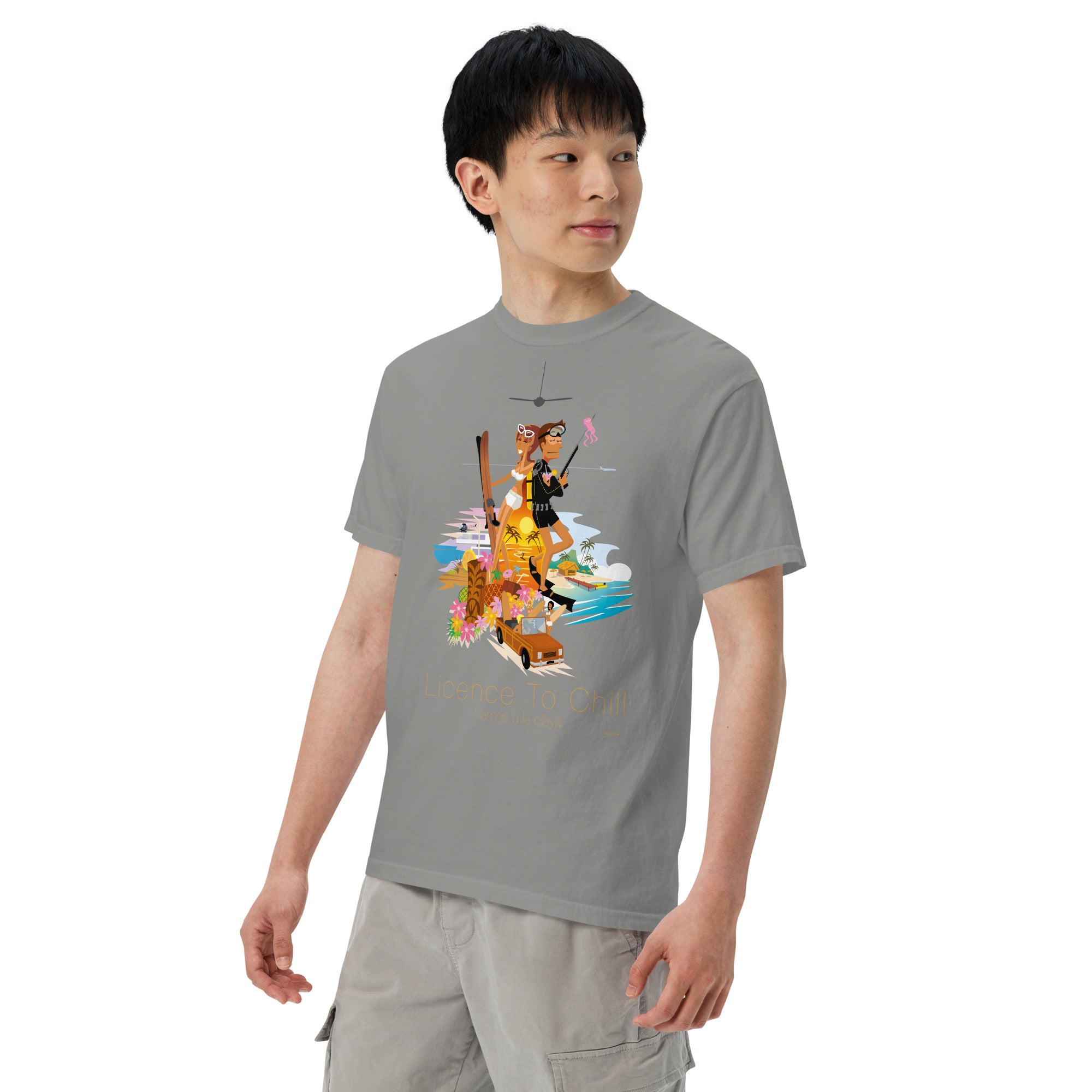 Unisex garment-dyed heavyweight t-shirt License to Chill Vamos a la Playa on dark colors