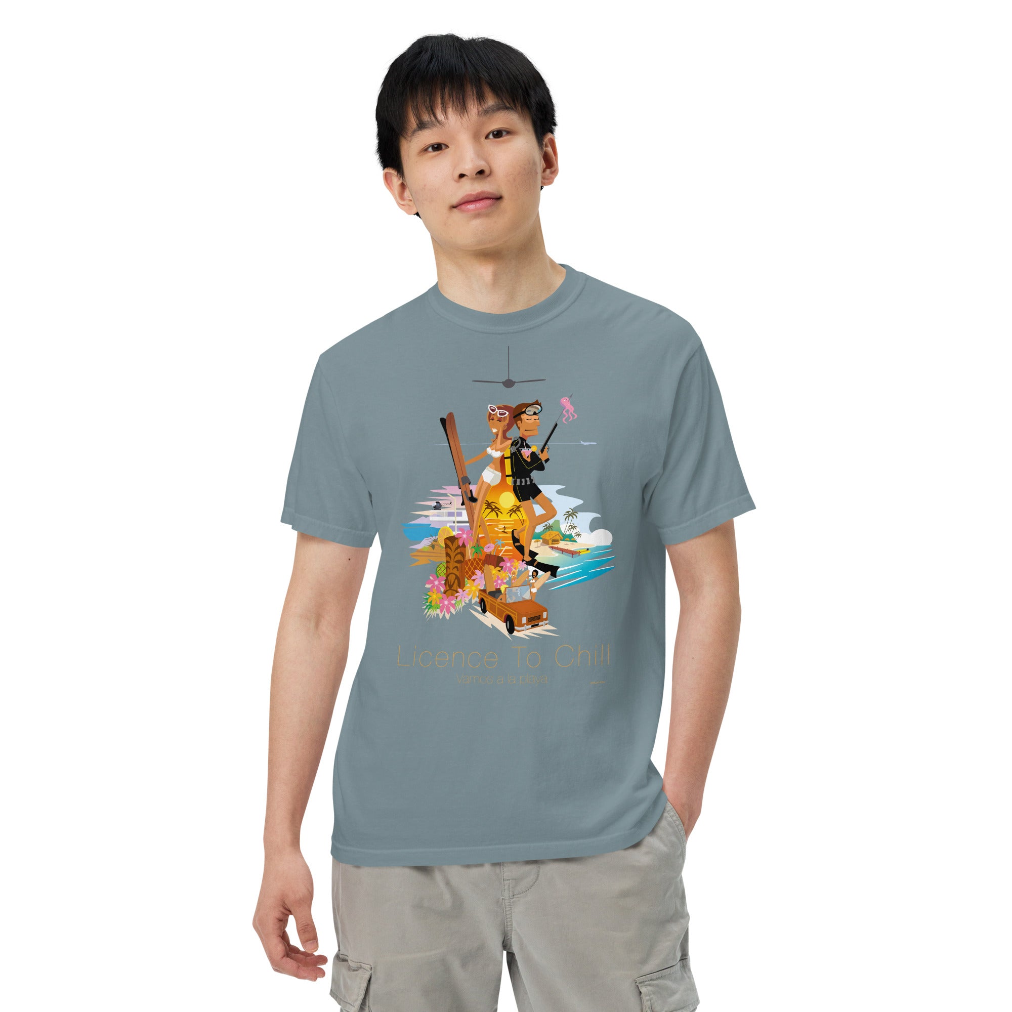 Unisex garment-dyed heavyweight t-shirt License to Chill Vamos a la Playa on dark colors