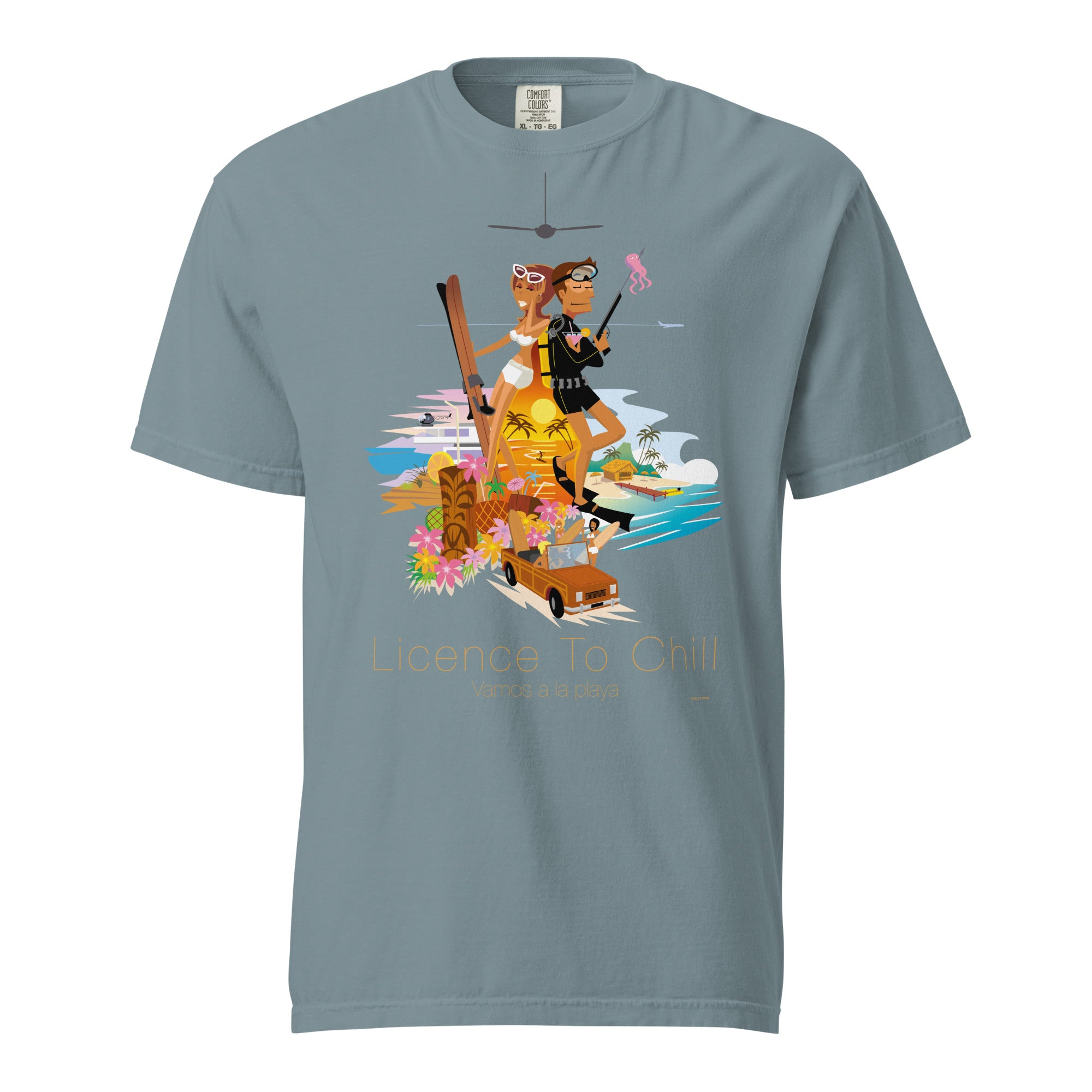 Unisex garment-dyed heavyweight t-shirt License to Chill Vamos a la Playa on dark colors