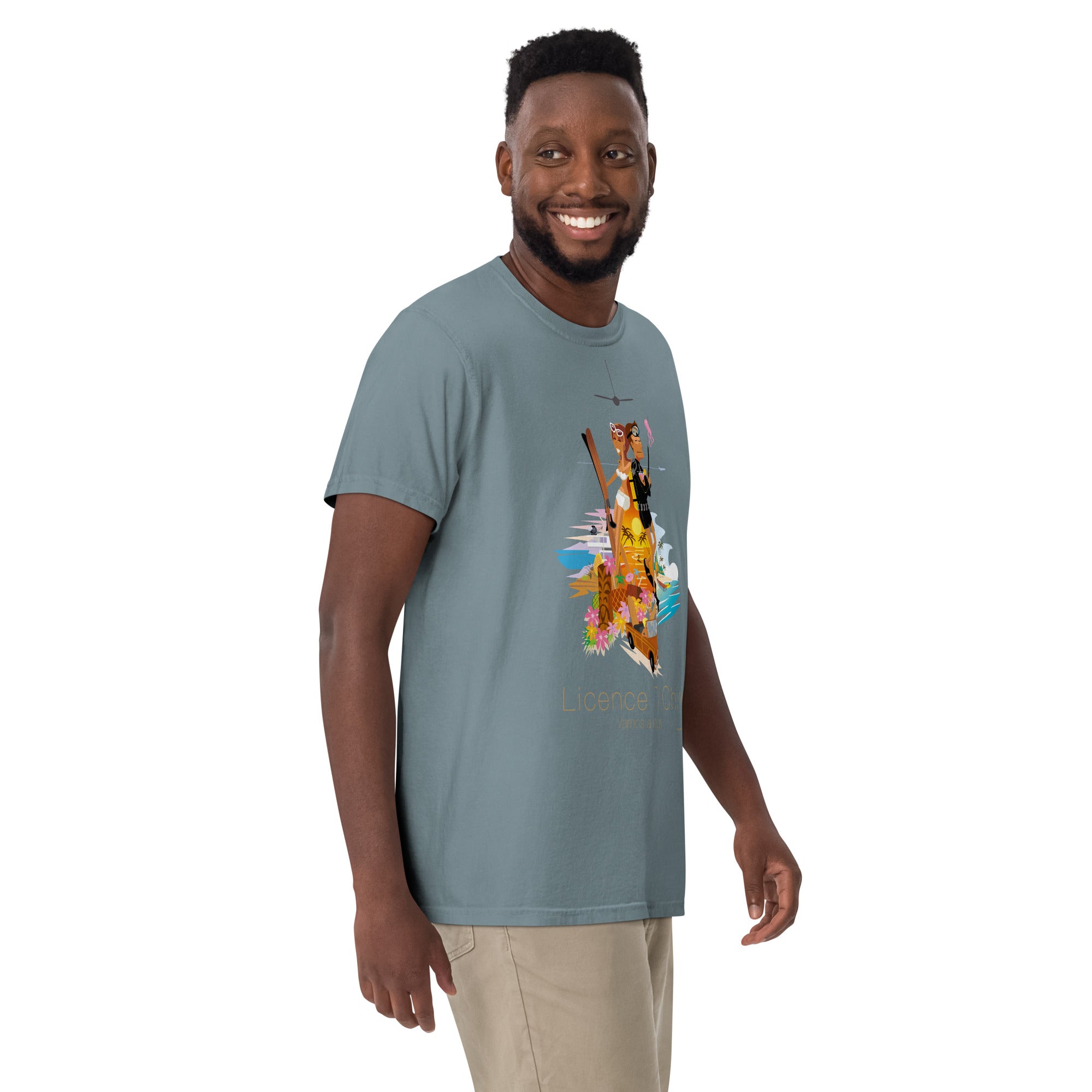 Unisex garment-dyed heavyweight t-shirt License to Chill Vamos a la Playa on dark colors