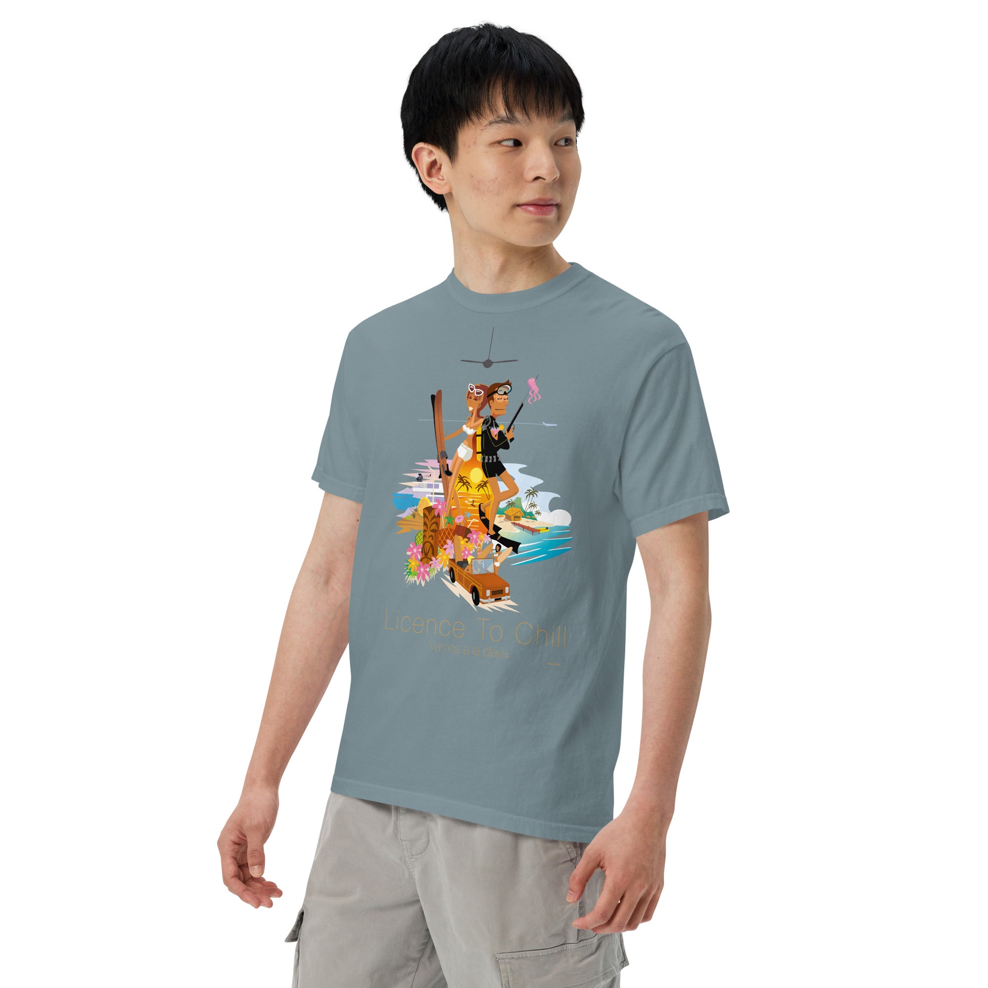 Unisex garment-dyed heavyweight t-shirt License to Chill Vamos a la Playa on dark colors