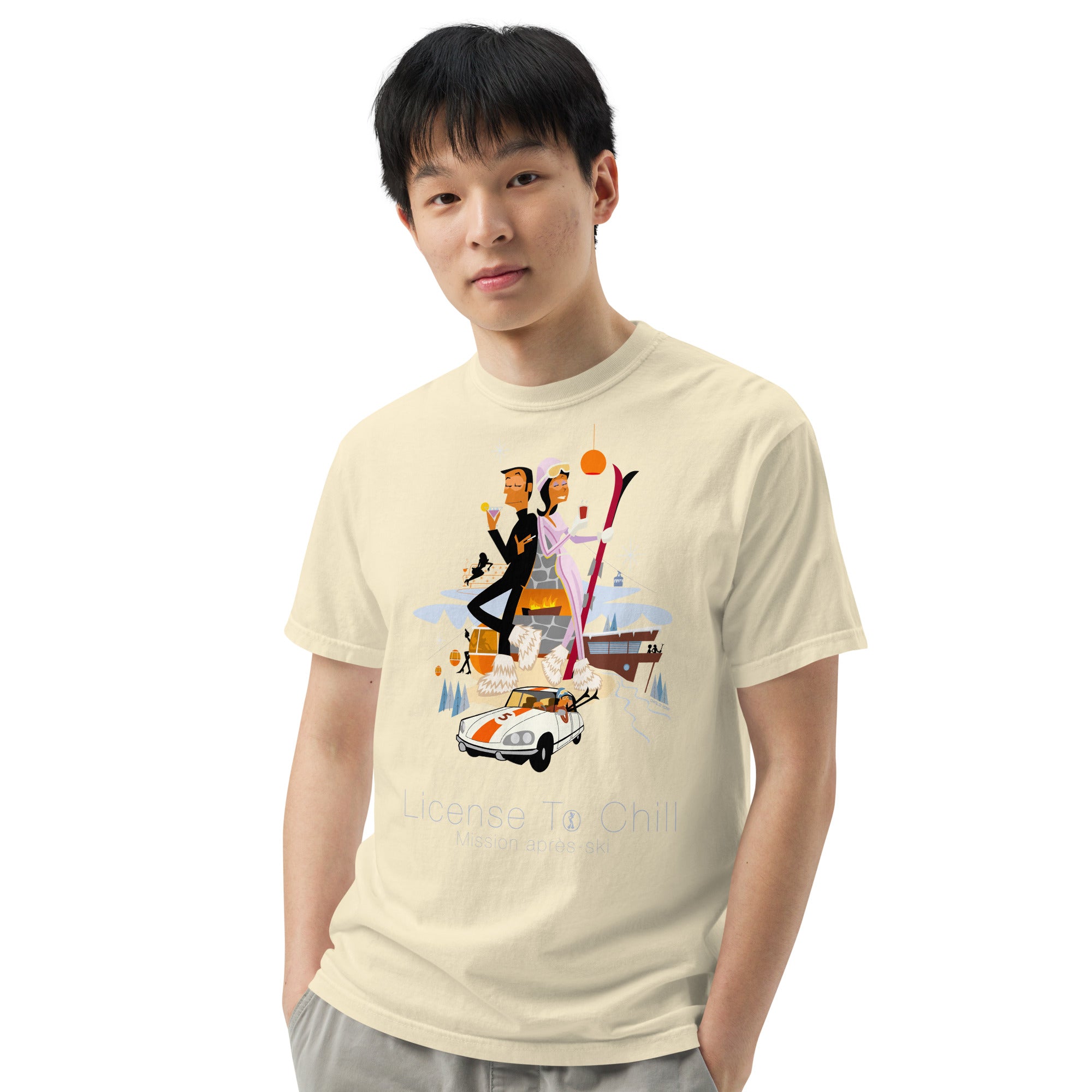 T-shirt teinté lourd unisexe License To Chill Mission Après-Ski sur couleurs claires