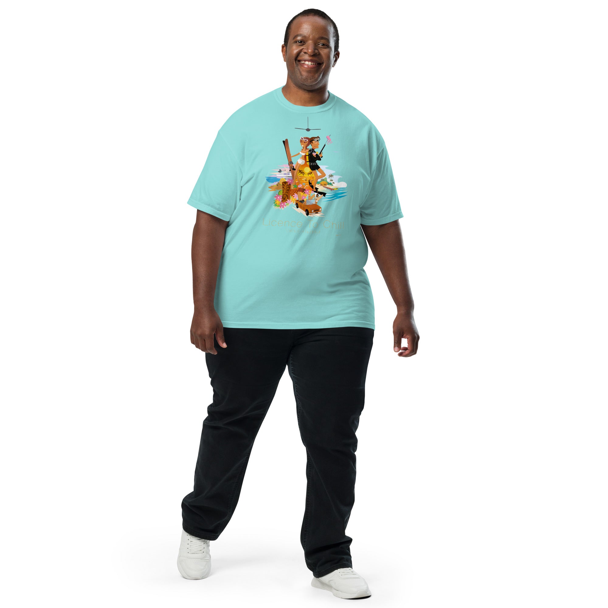 T-shirt teinté lourd unisexe License to Chill Vamos a la Playa sur couleurs claires