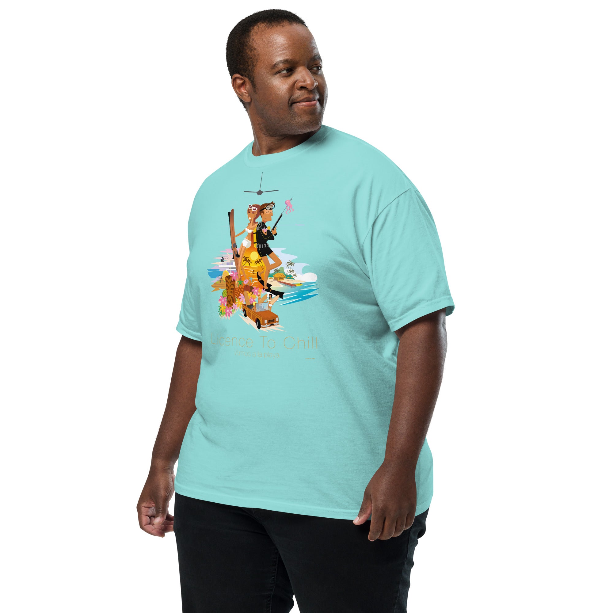 T-shirt teinté lourd unisexe License to Chill Vamos a la Playa sur couleurs claires