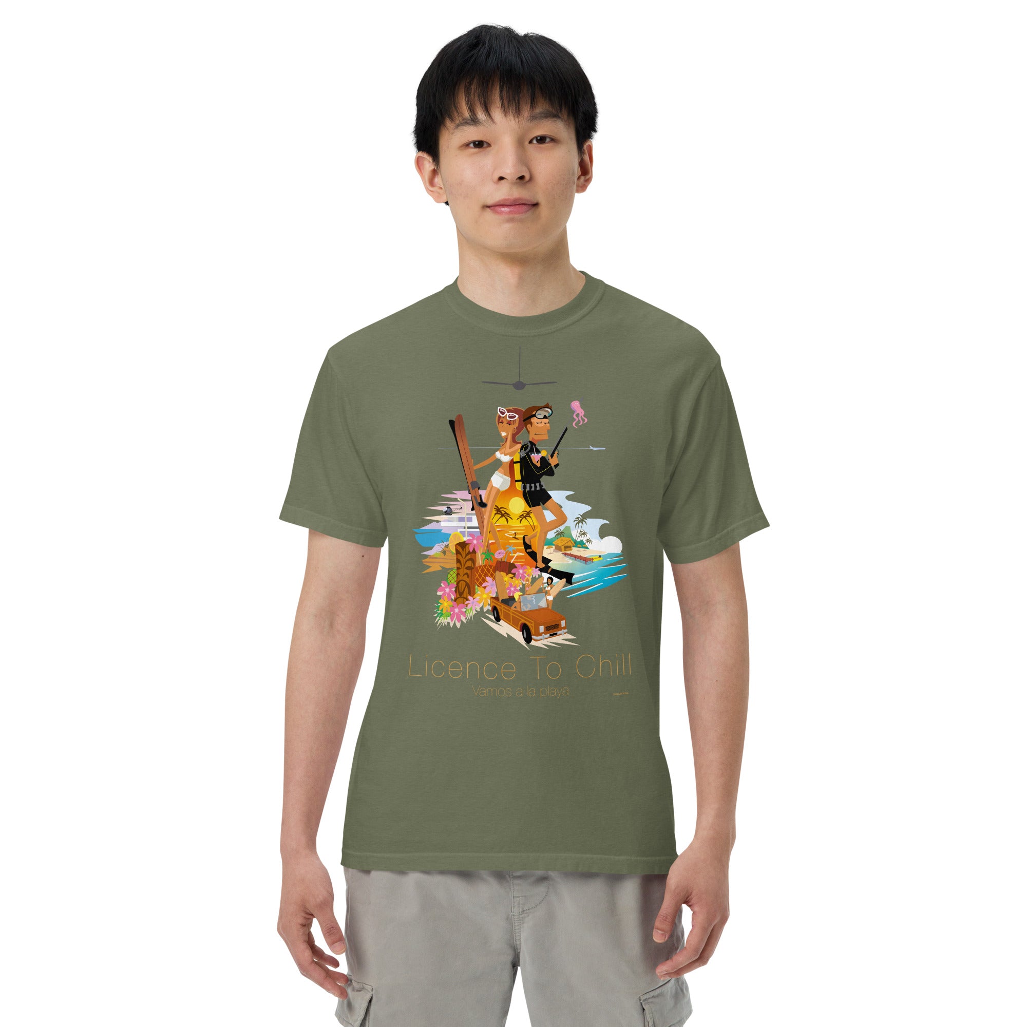 Unisex garment-dyed heavyweight t-shirt License to Chill Vamos a la Playa on dark colors