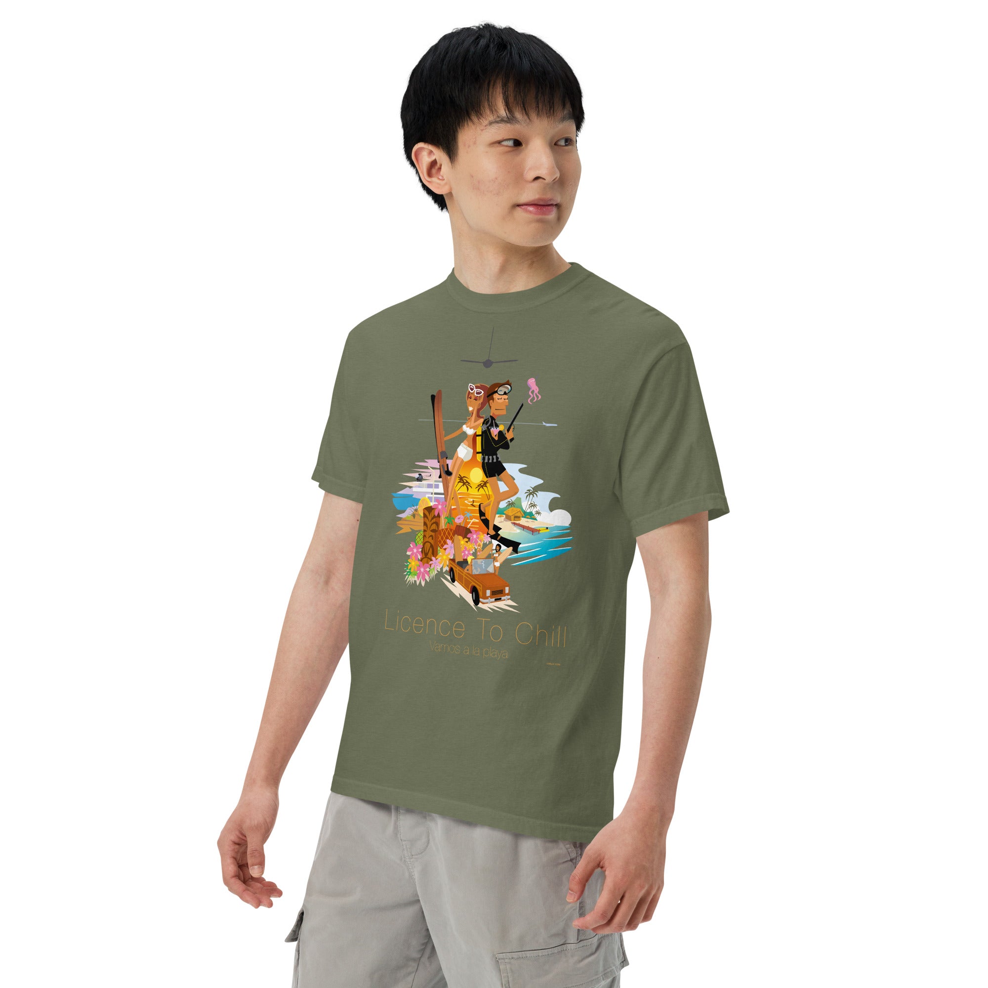 Unisex garment-dyed heavyweight t-shirt License to Chill Vamos a la Playa on dark colors