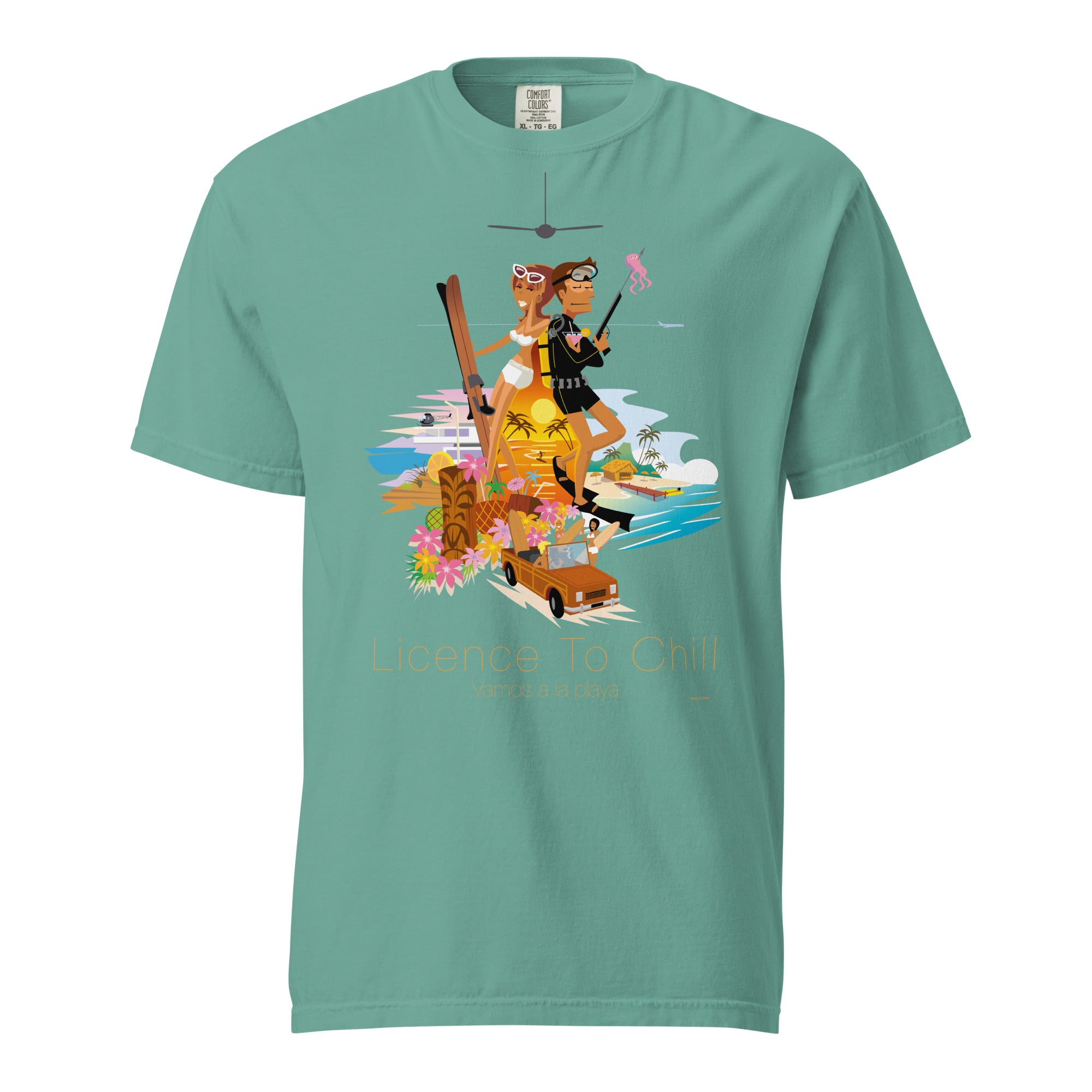 Unisex garment-dyed heavyweight t-shirt License to Chill Vamos a la Playa on dark colors