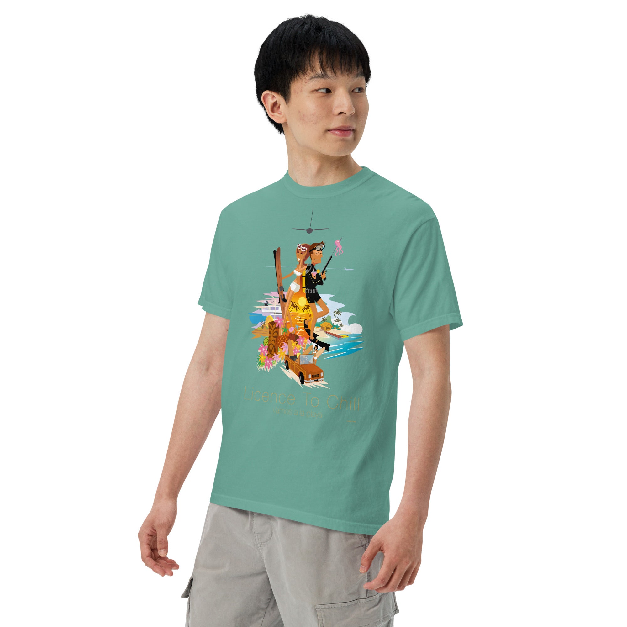 Unisex garment-dyed heavyweight t-shirt License to Chill Vamos a la Playa on dark colors