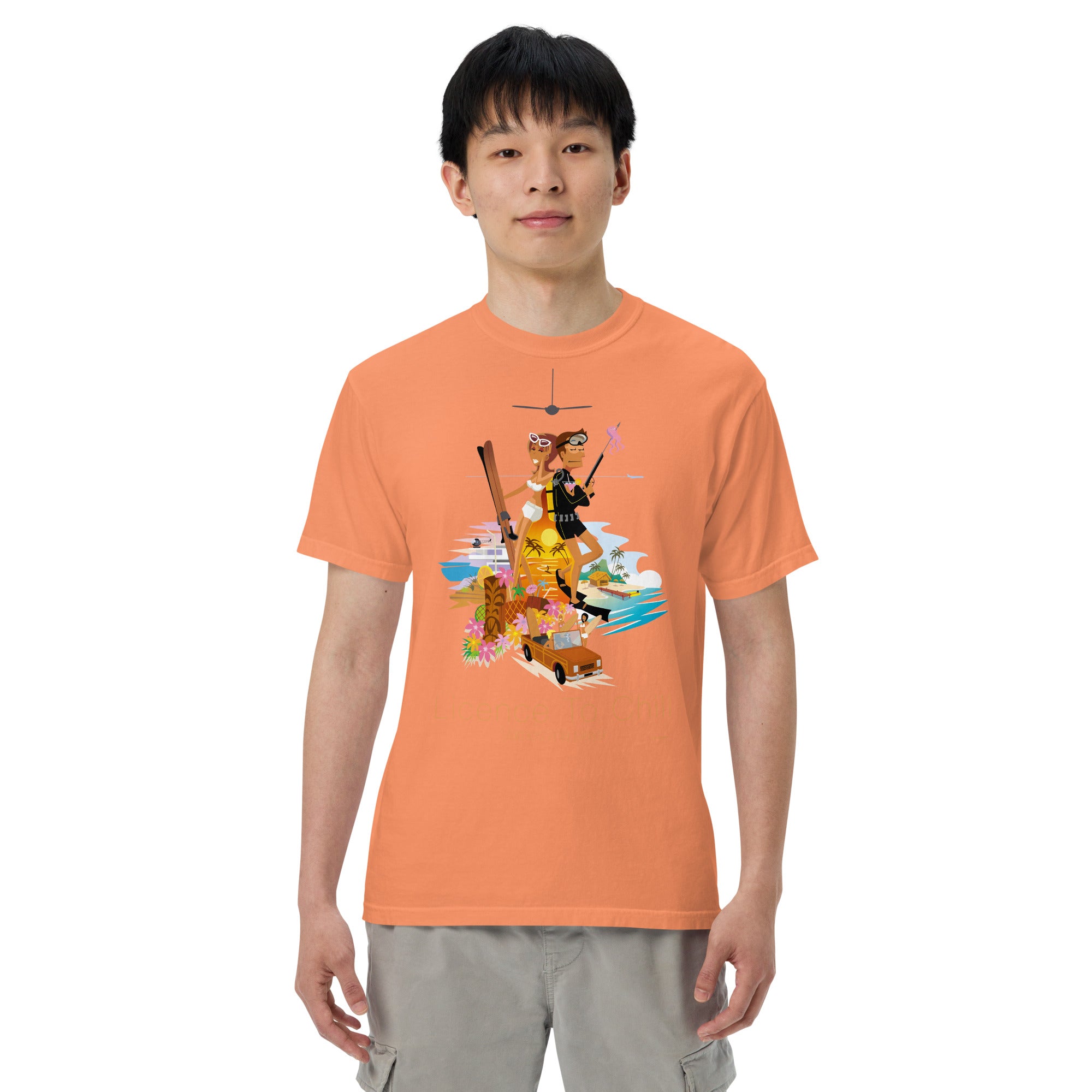 Unisex garment-dyed heavyweight t-shirt License to Chill Vamos a la Playa on dark colors