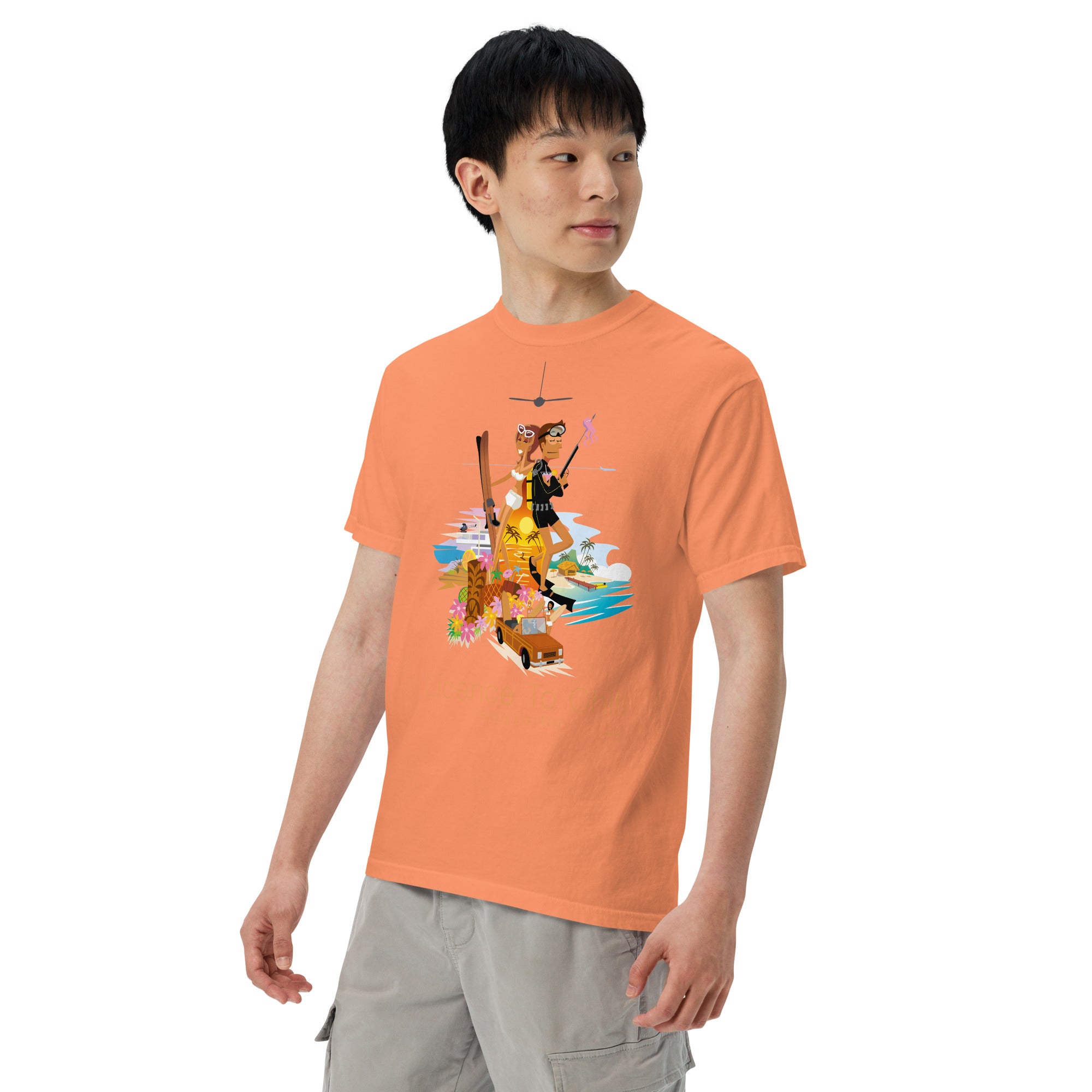 Unisex garment-dyed heavyweight t-shirt License to Chill Vamos a la Playa on dark colors