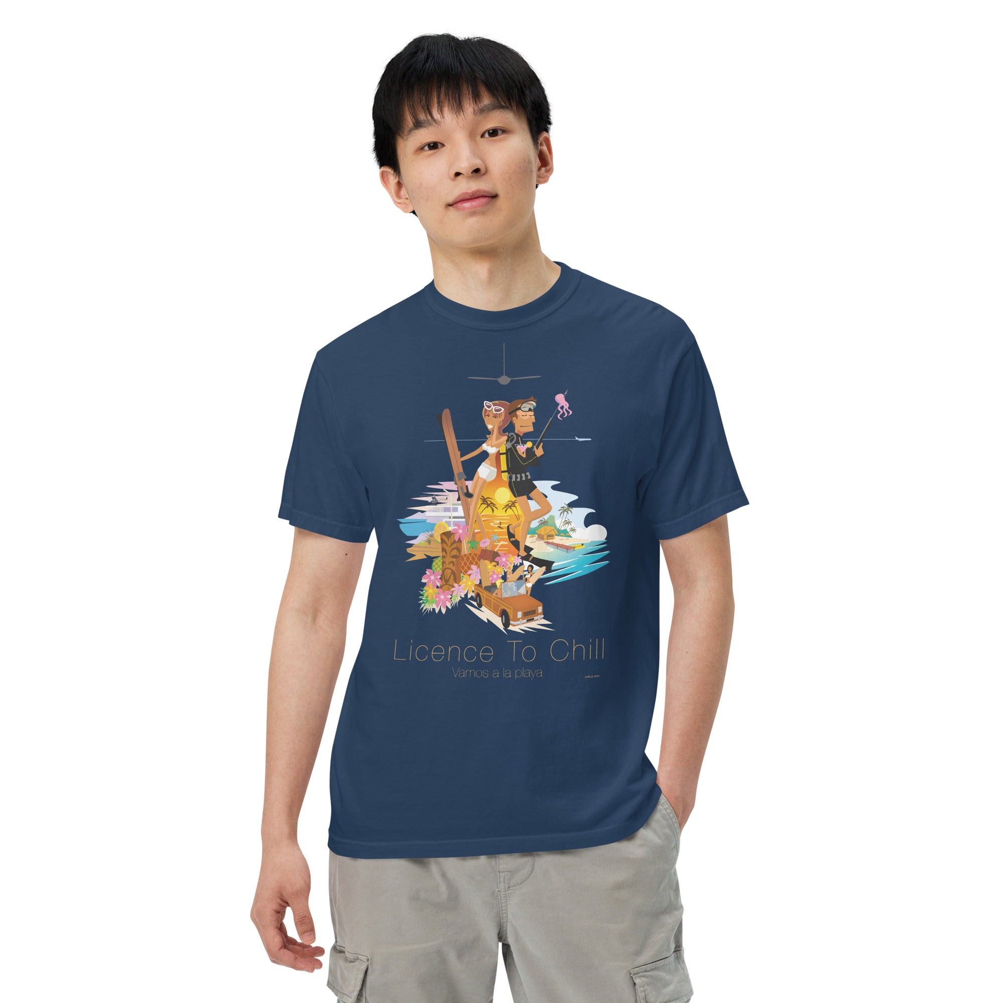 Unisex garment-dyed heavyweight t-shirt License to Chill Vamos a la Playa on dark colors
