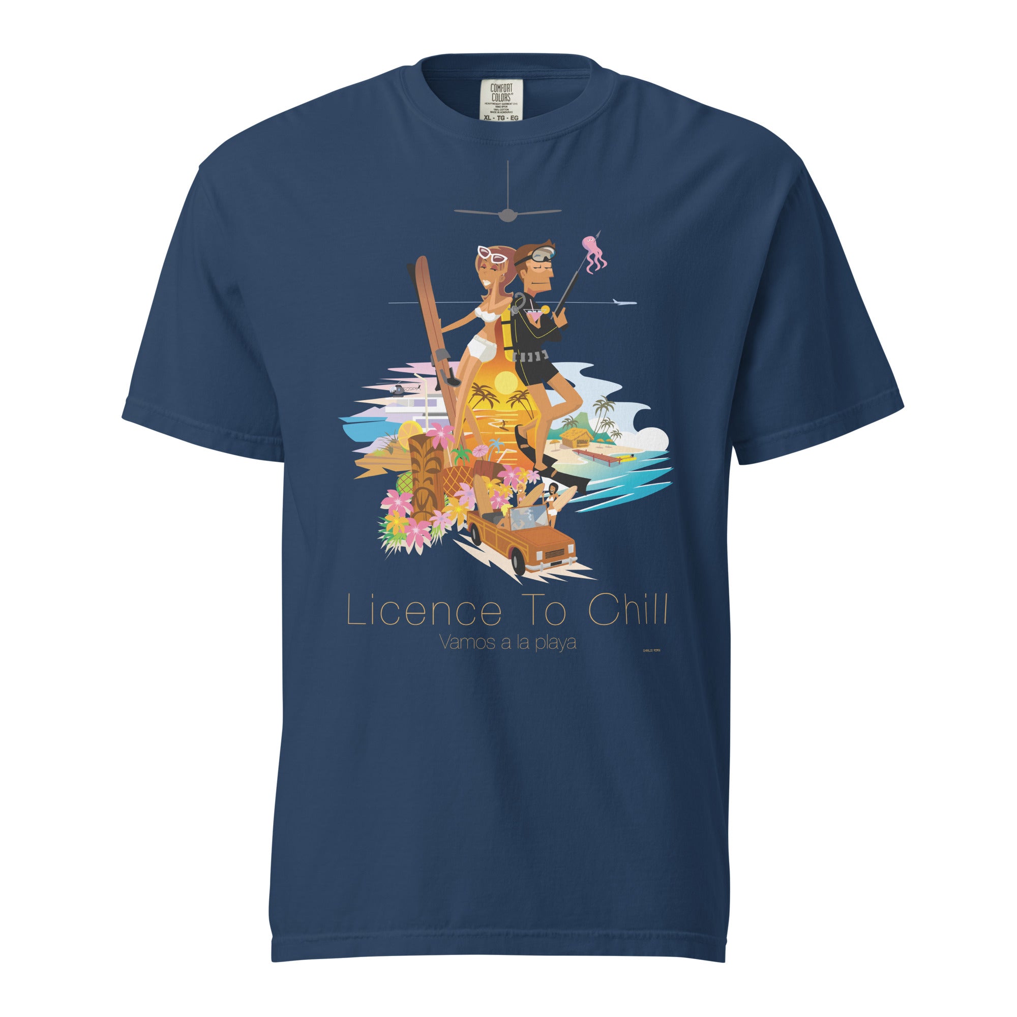 Unisex garment-dyed heavyweight t-shirt License to Chill Vamos a la Playa on dark colors