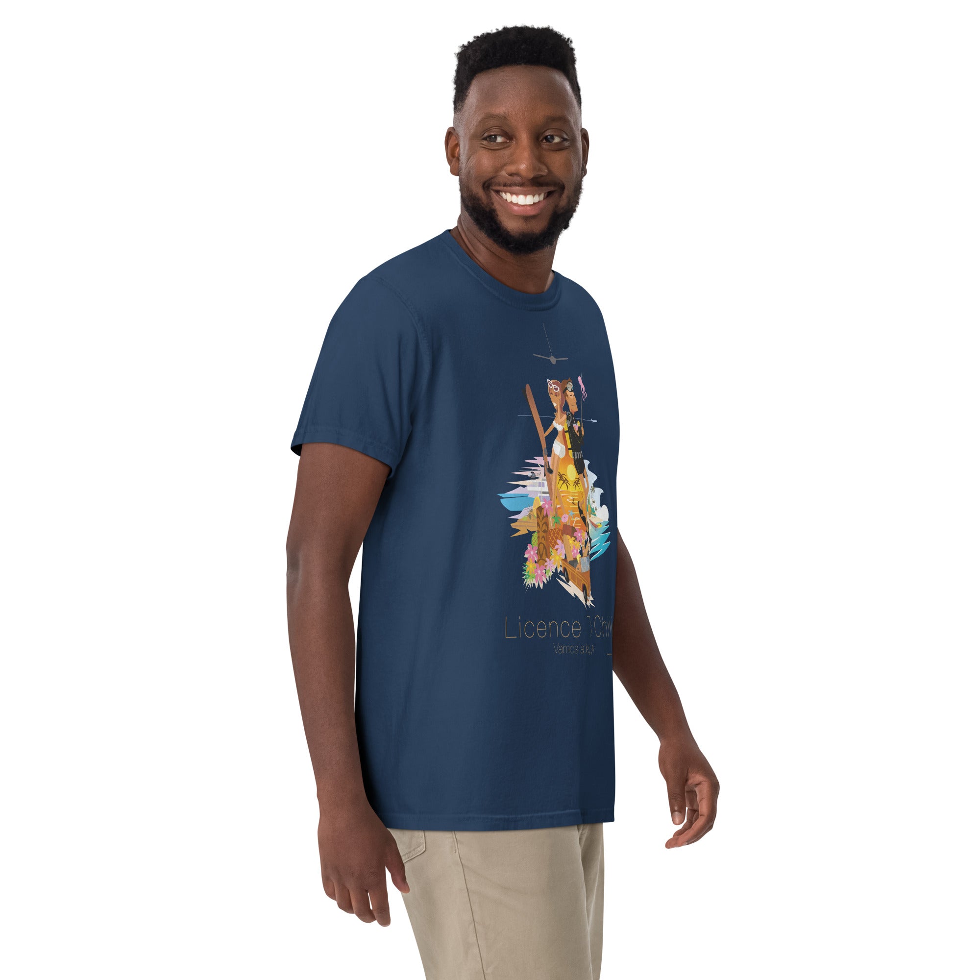 Unisex garment-dyed heavyweight t-shirt License to Chill Vamos a la Playa on dark colors