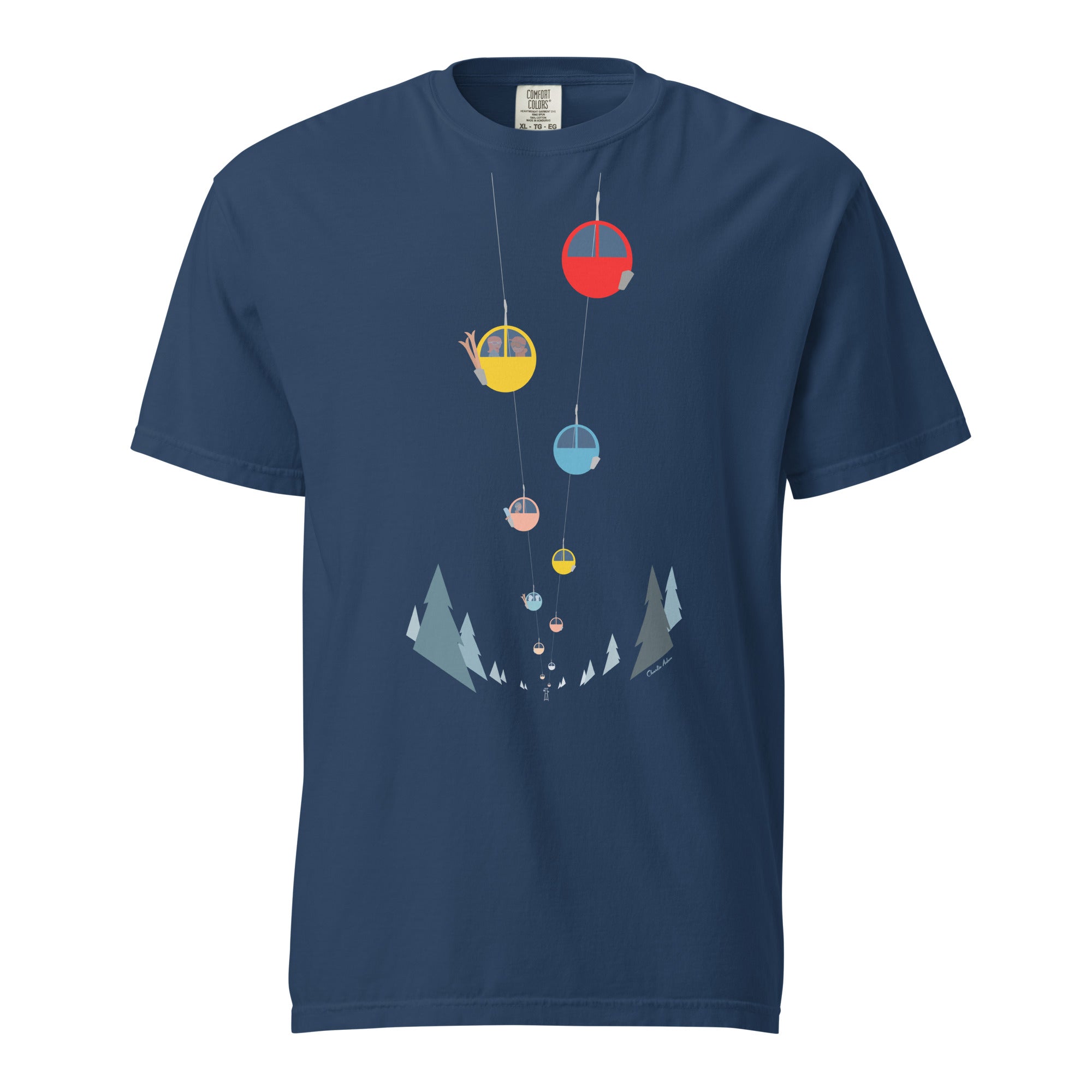 T-shirt teinté lourd unisexe Gondolas in the mist sur couleurs foncées