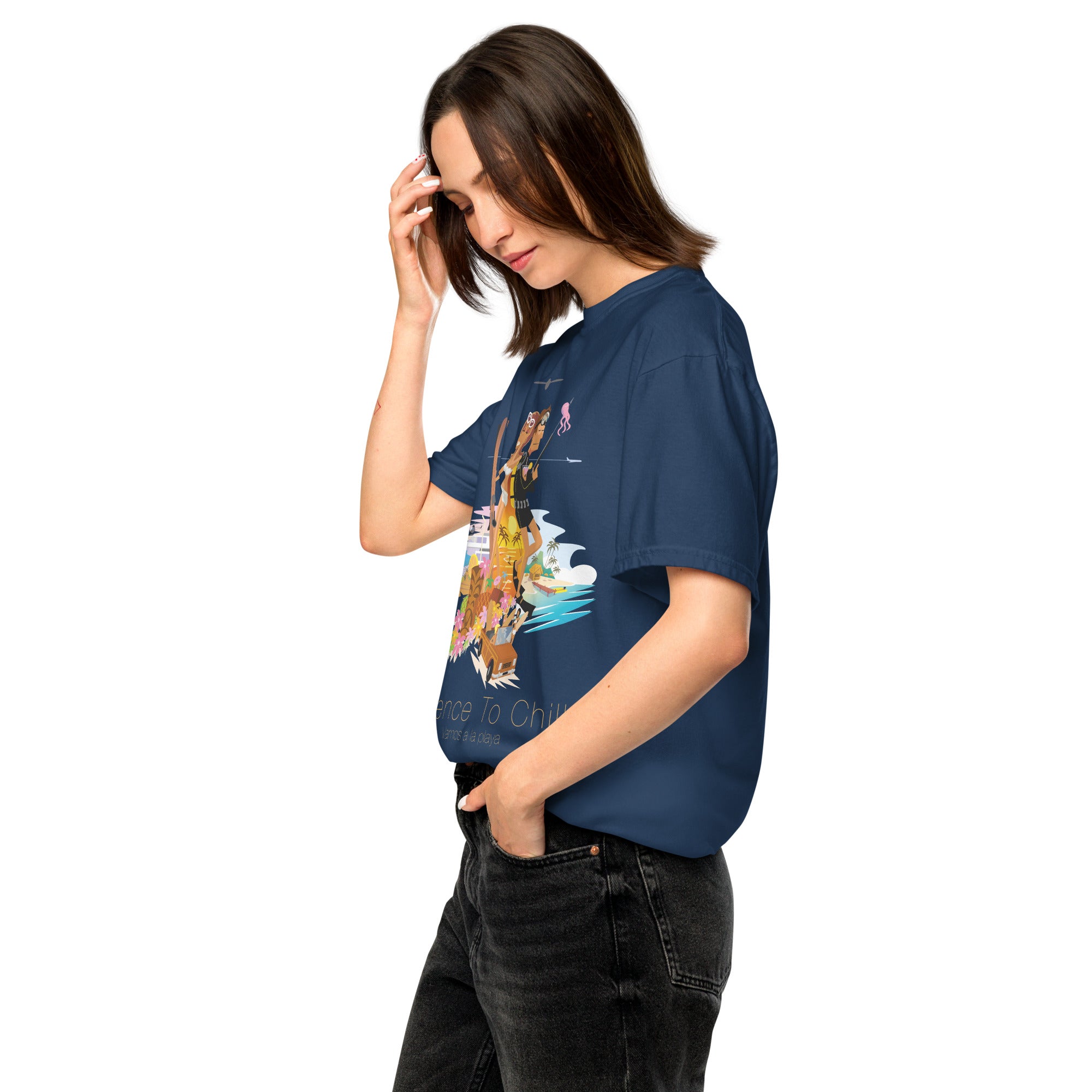 Unisex garment-dyed heavyweight t-shirt License to Chill Vamos a la Playa on dark colors