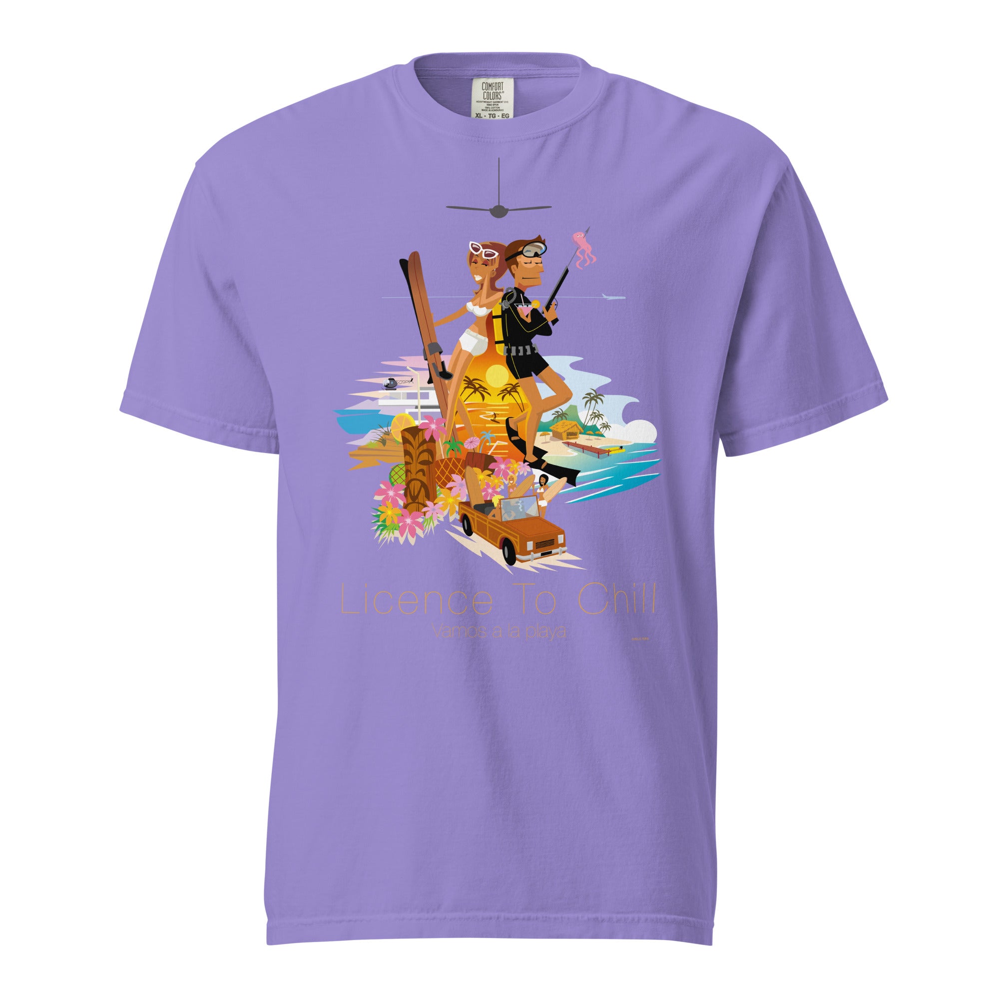 Unisex garment-dyed heavyweight t-shirt License to Chill Vamos a la Playa on dark colors