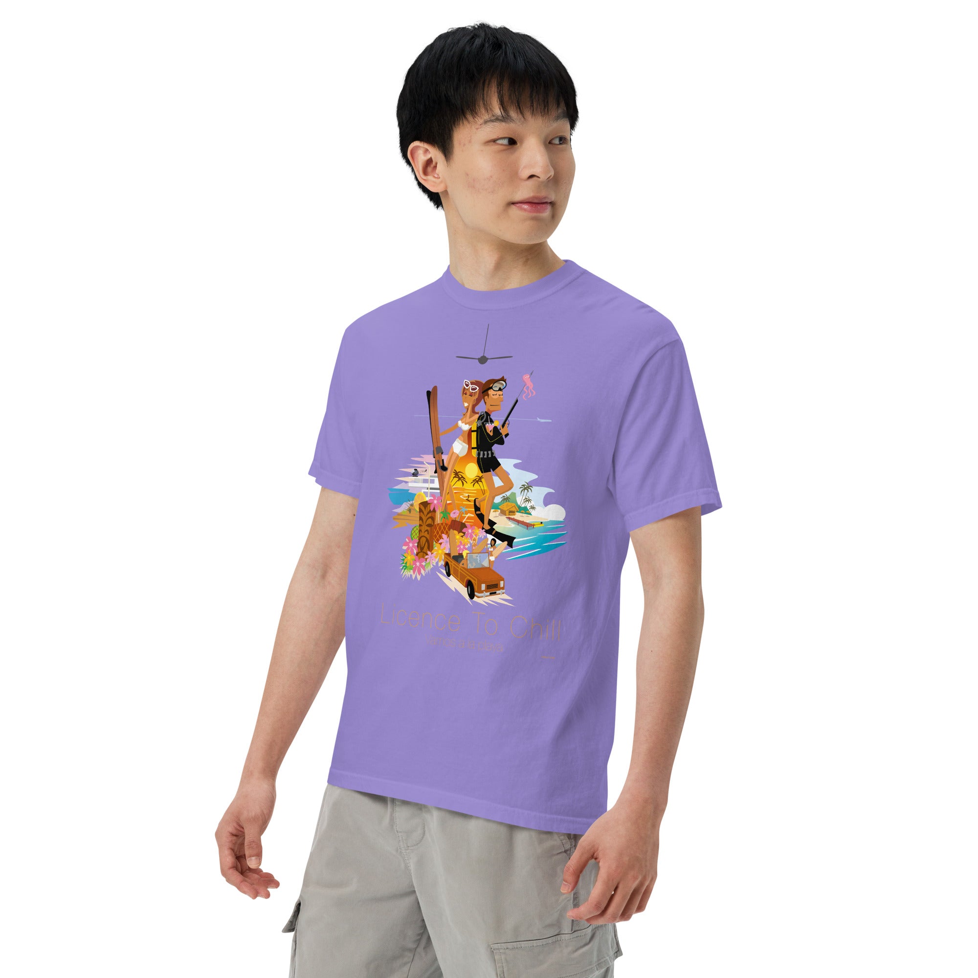 Unisex garment-dyed heavyweight t-shirt License to Chill Vamos a la Playa on dark colors