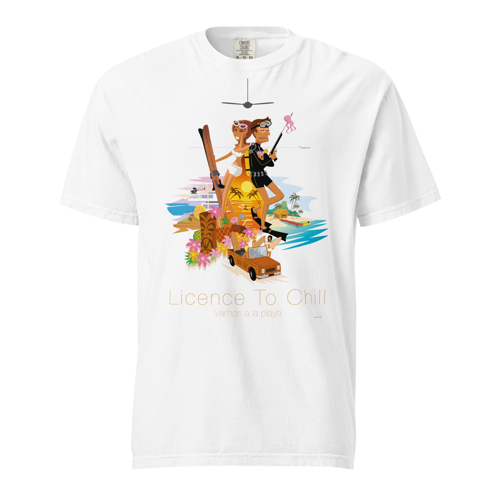 T-shirt teinté lourd unisexe License to Chill Vamos a la Playa sur couleurs claires