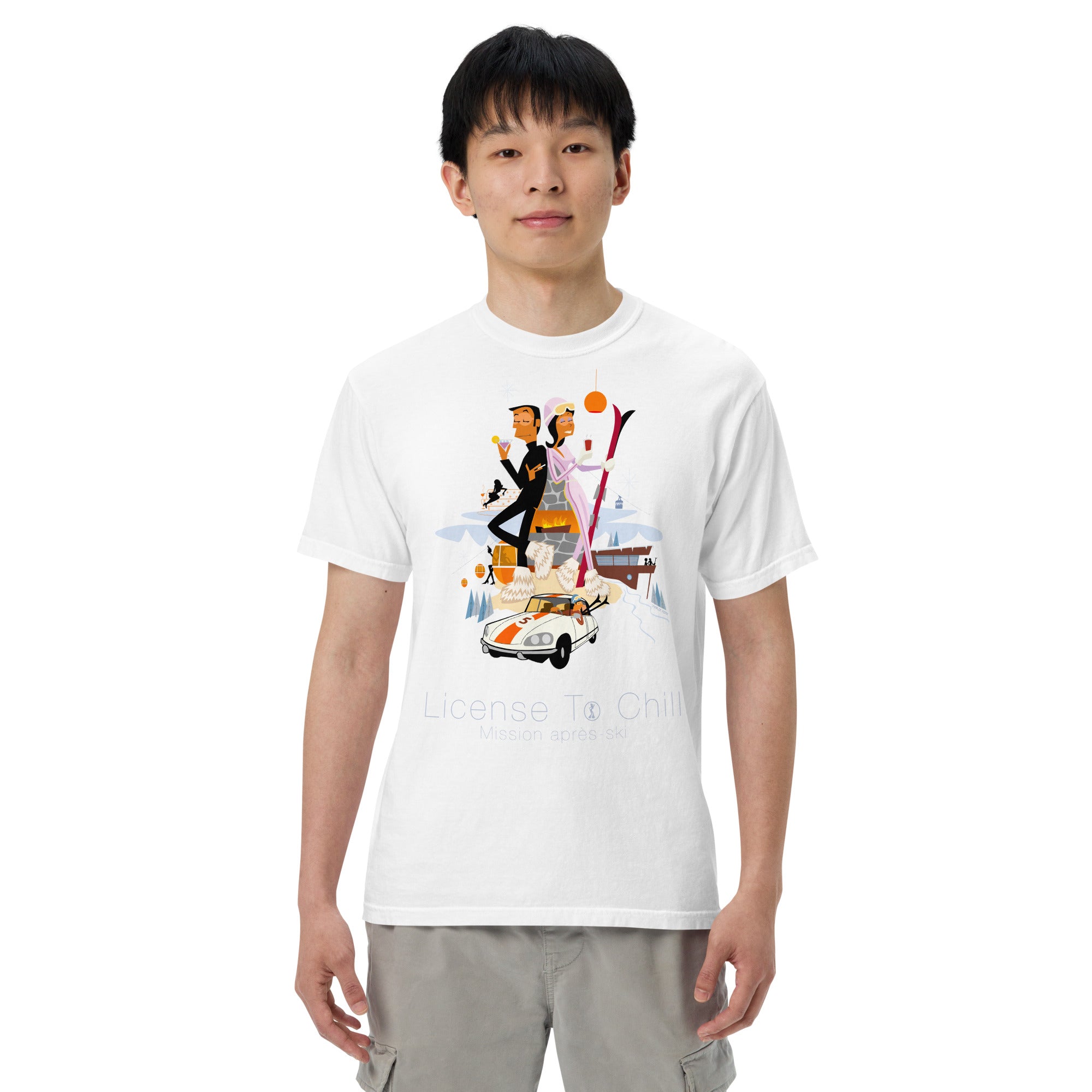 T-shirt teinté lourd unisexe License To Chill Mission Après-Ski sur couleurs claires