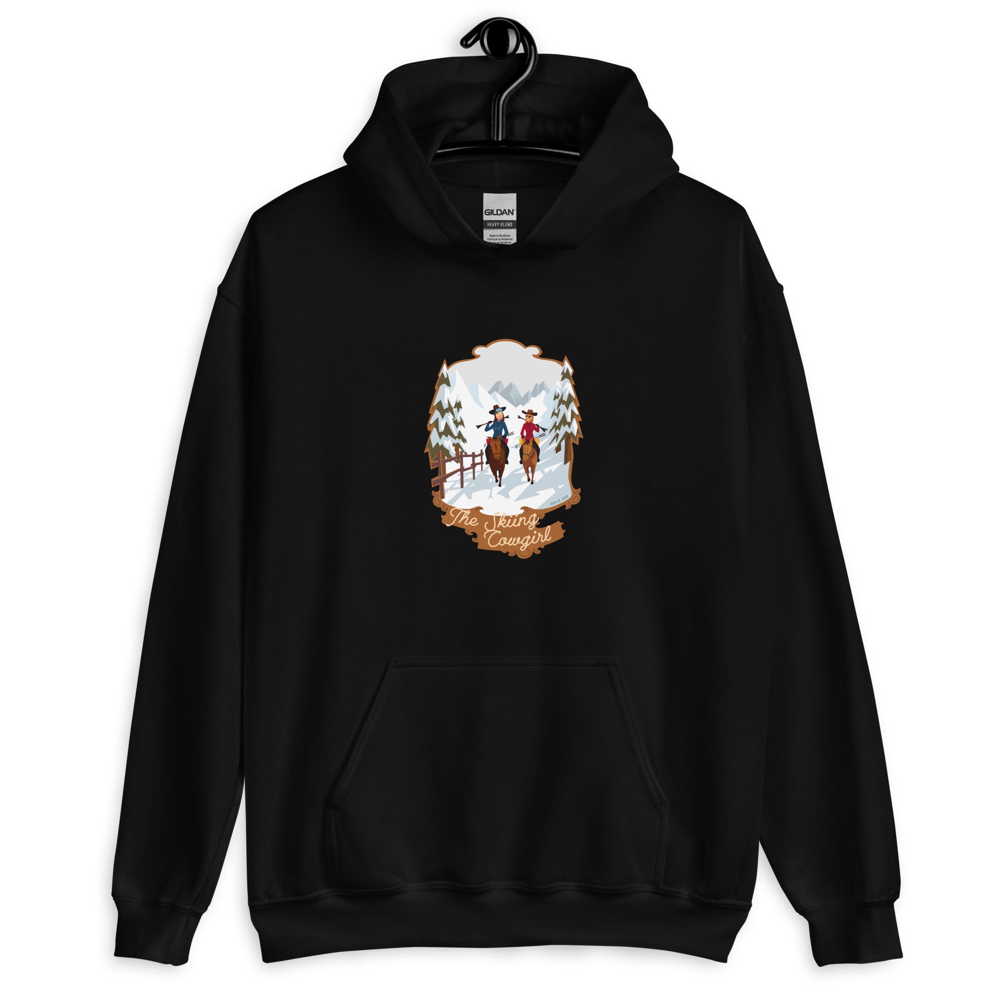 Sweat à capuche d'hiver unisexe The Skiing Cowgirl sur couleurs foncées