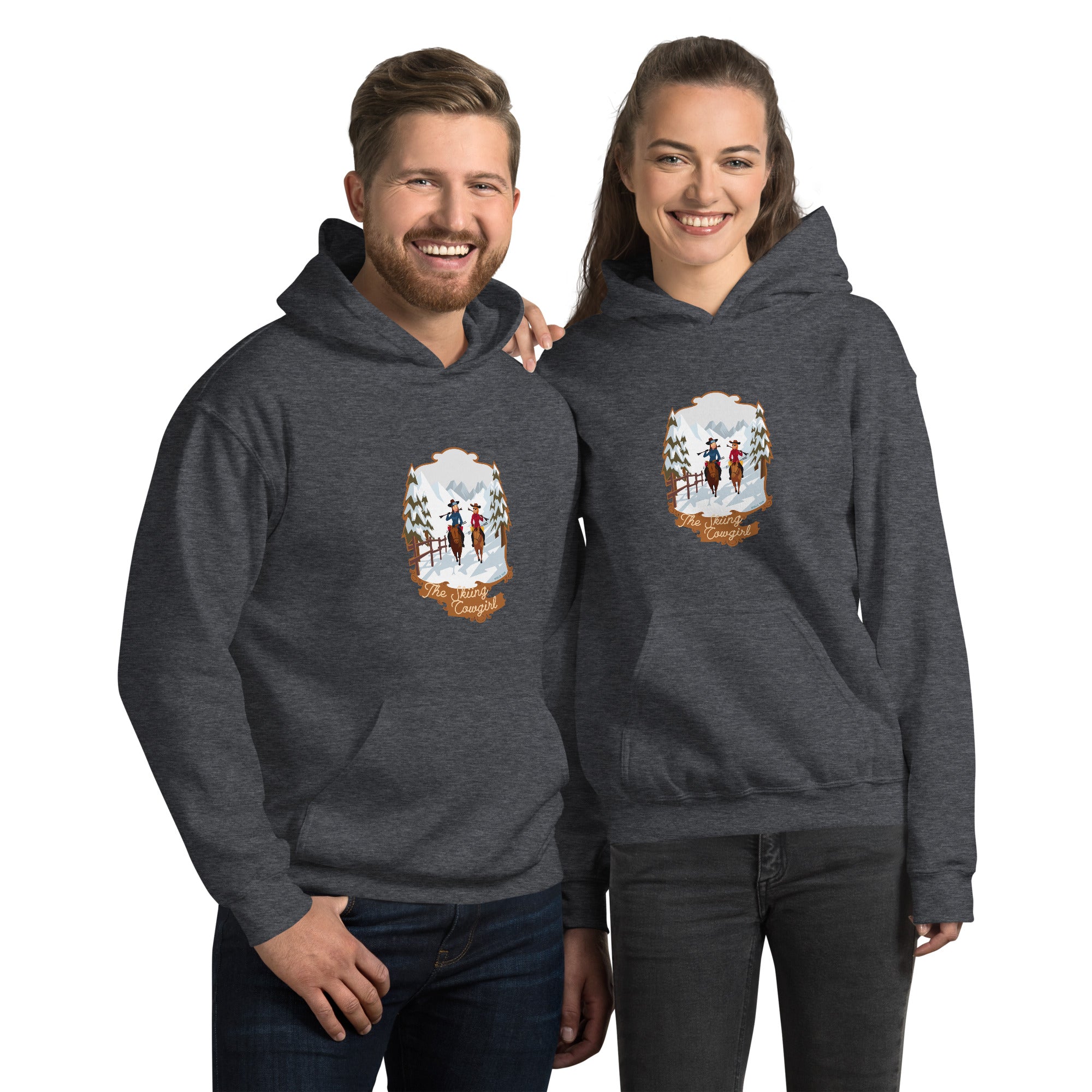 Sweat à capuche d'hiver unisexe The Skiing Cowgirl sur couleurs foncées