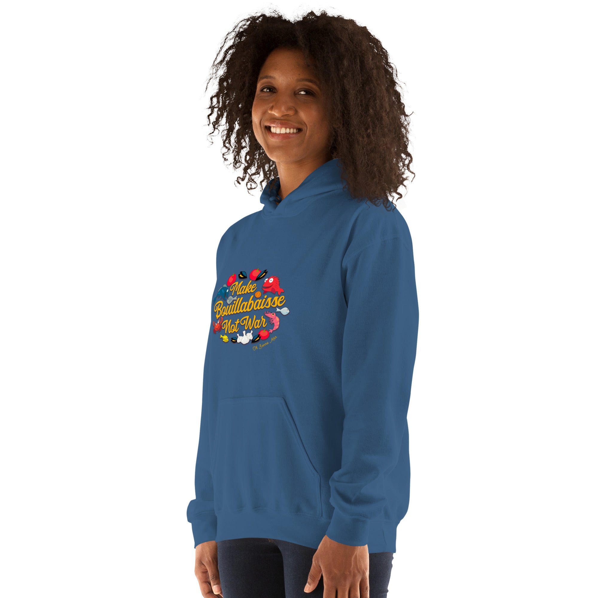 Sweat à capuche d'hiver unisexe Make Bouillabaisse Not War sur couleurs foncées