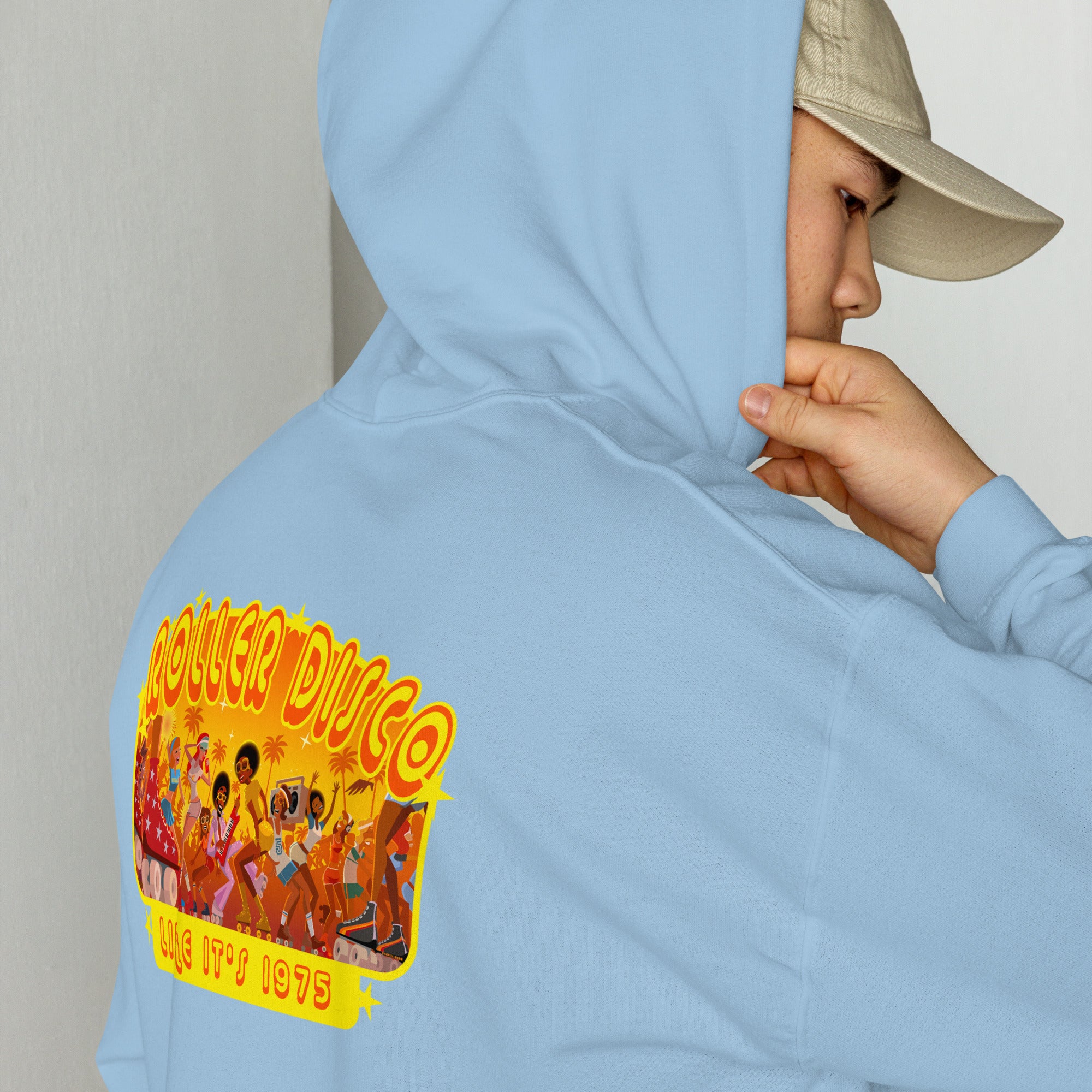 Sweat à capuche d'hiver unisexe Roller Disco 1975 sur couleurs claires (dos)