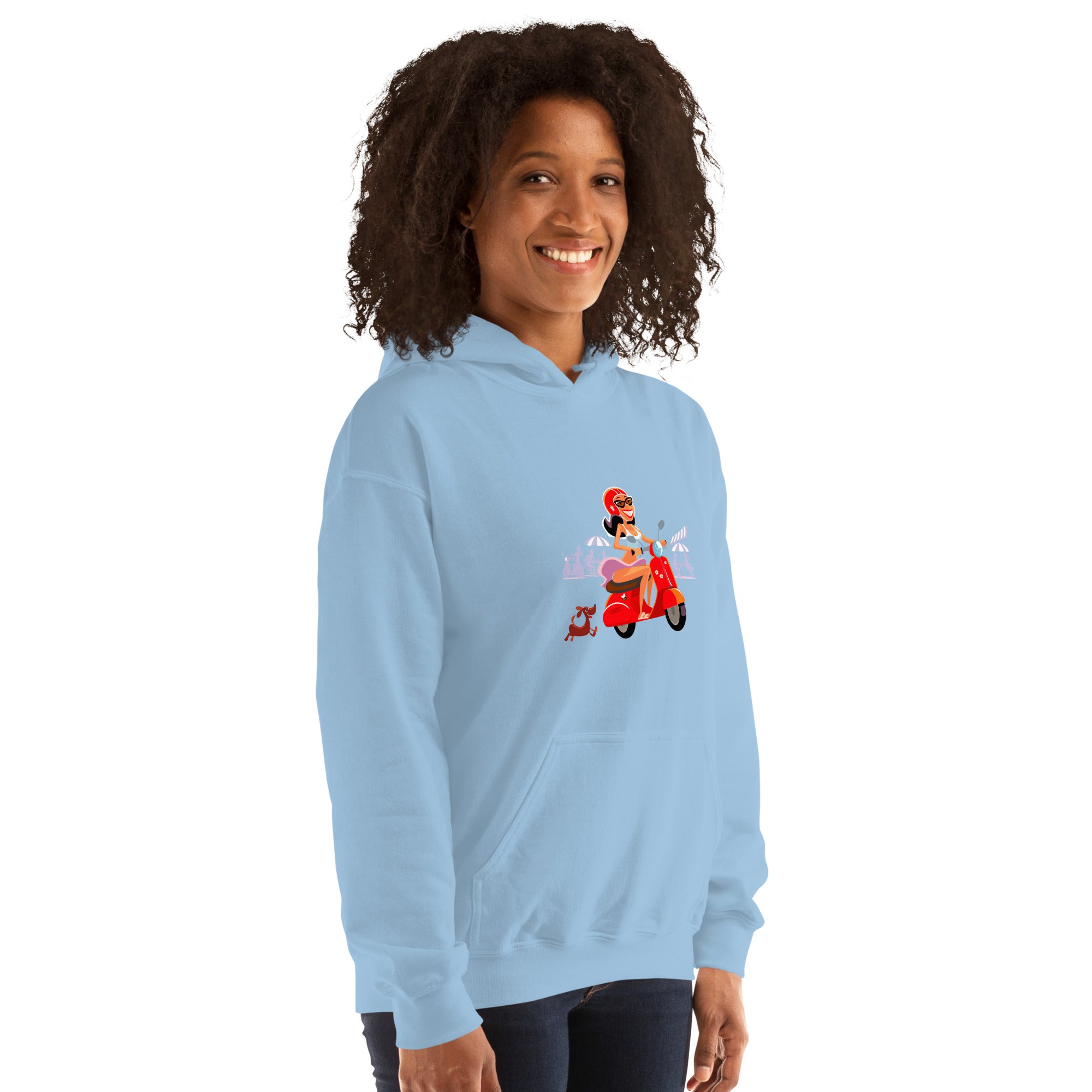 Sweat à capuche d'hiver unisexe Vespa Girl in St Tropez sur couleur claires