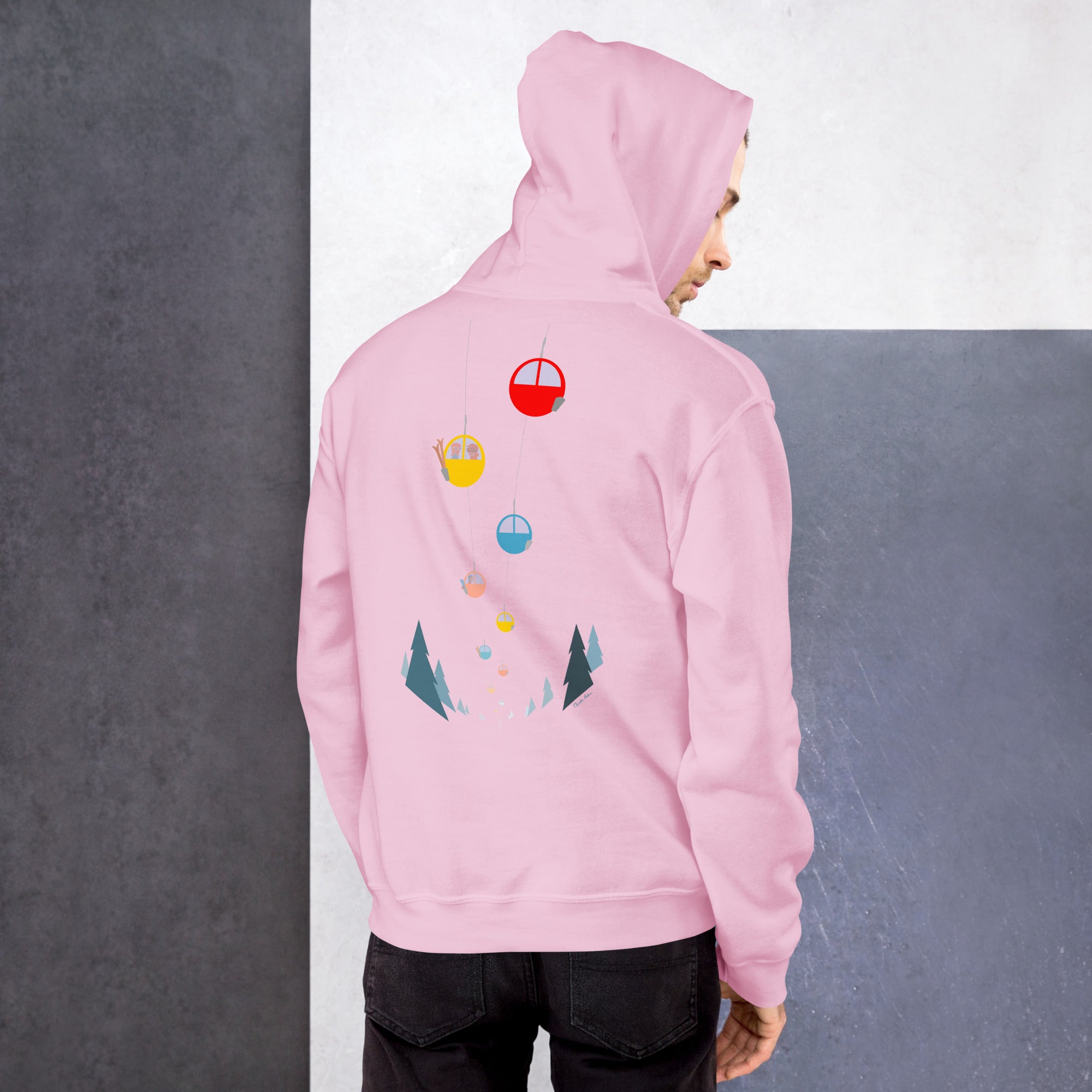 Sweat à capuche d'hiver unisexe Gondolas in the mist (face & dos)