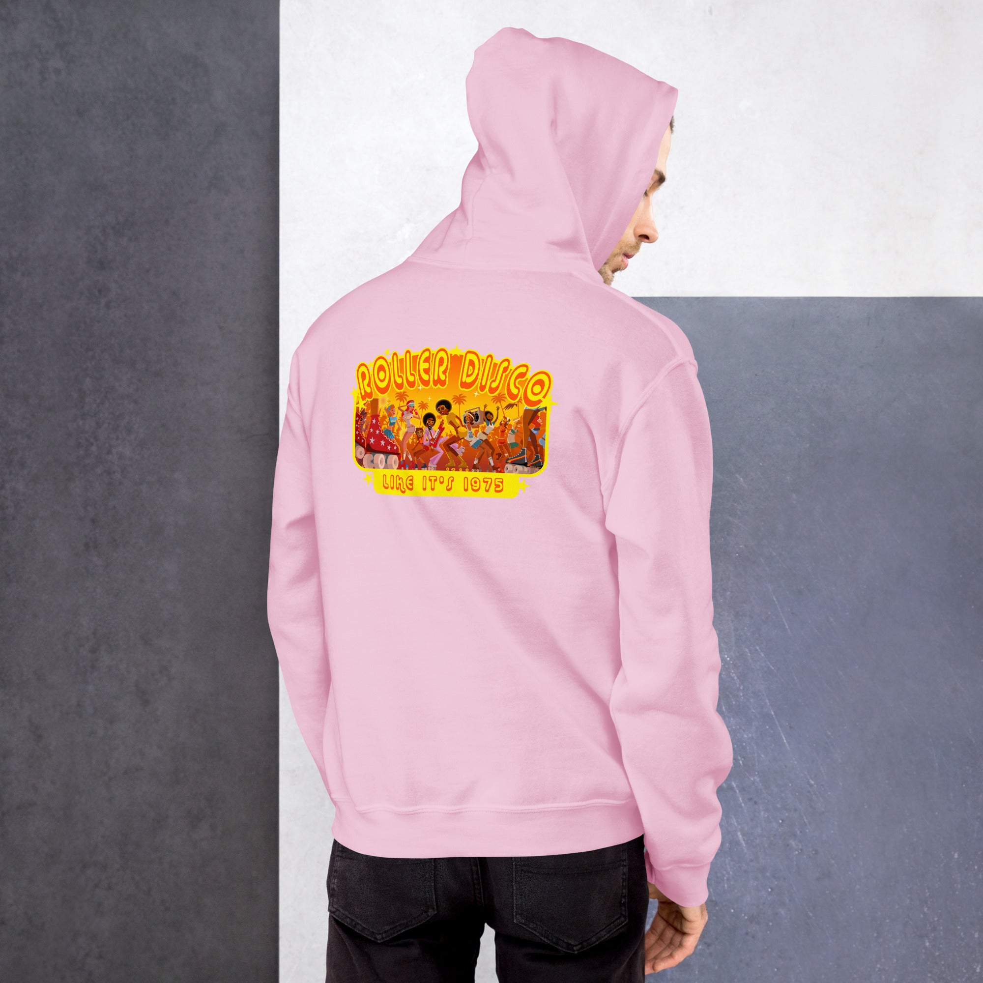Sweat à capuche d'hiver unisexe Roller Disco 1975 sur couleurs claires (dos)