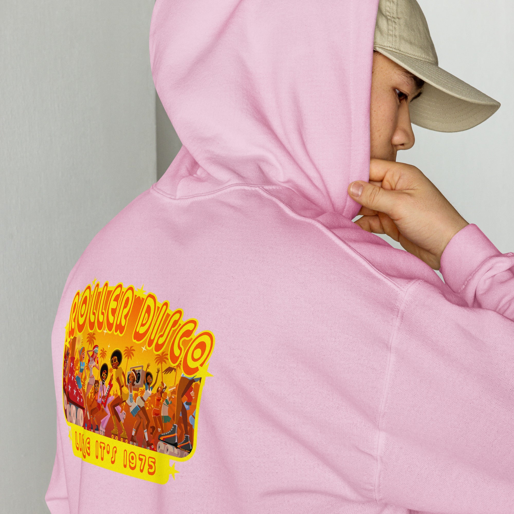 Sweat à capuche d'hiver unisexe Roller Disco 1975 sur couleurs claires (dos)