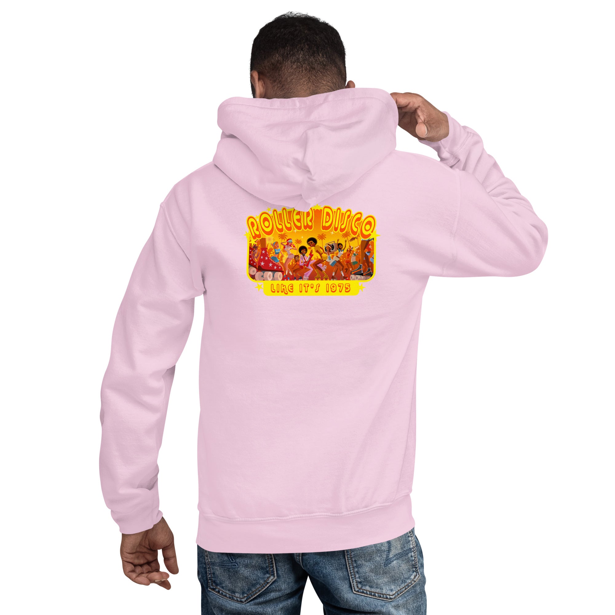 Sweat à capuche d'hiver unisexe Roller Disco 1975 sur couleurs claires (dos)