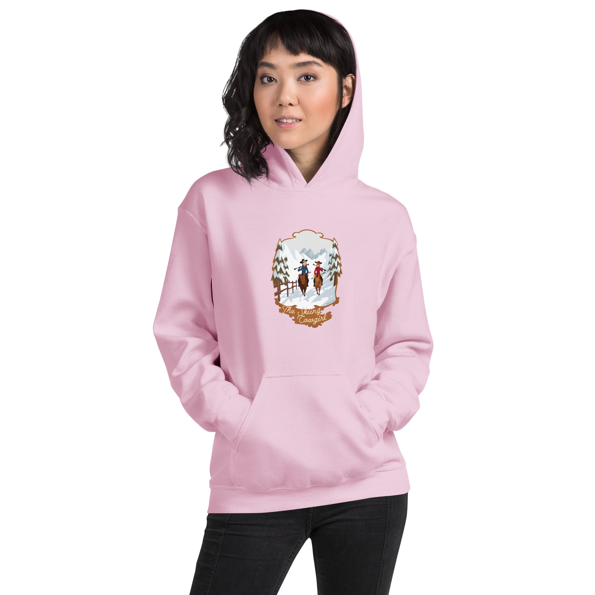 Sweat à capuche d'hiver unisexe The Skiing Cowgirl sur couleurs claires