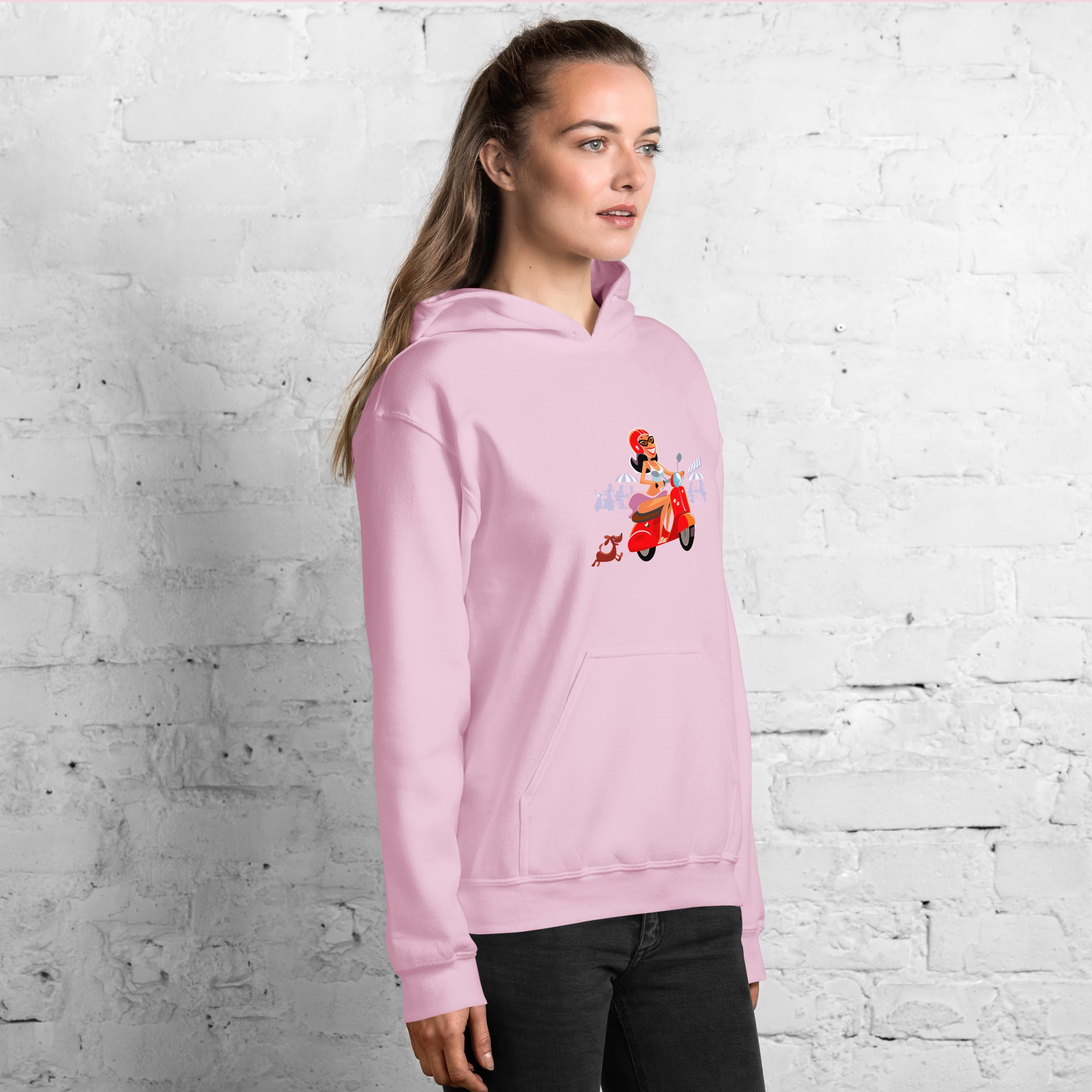 Sweat à capuche d'hiver unisexe Vespa Girl in St Tropez sur couleur claires