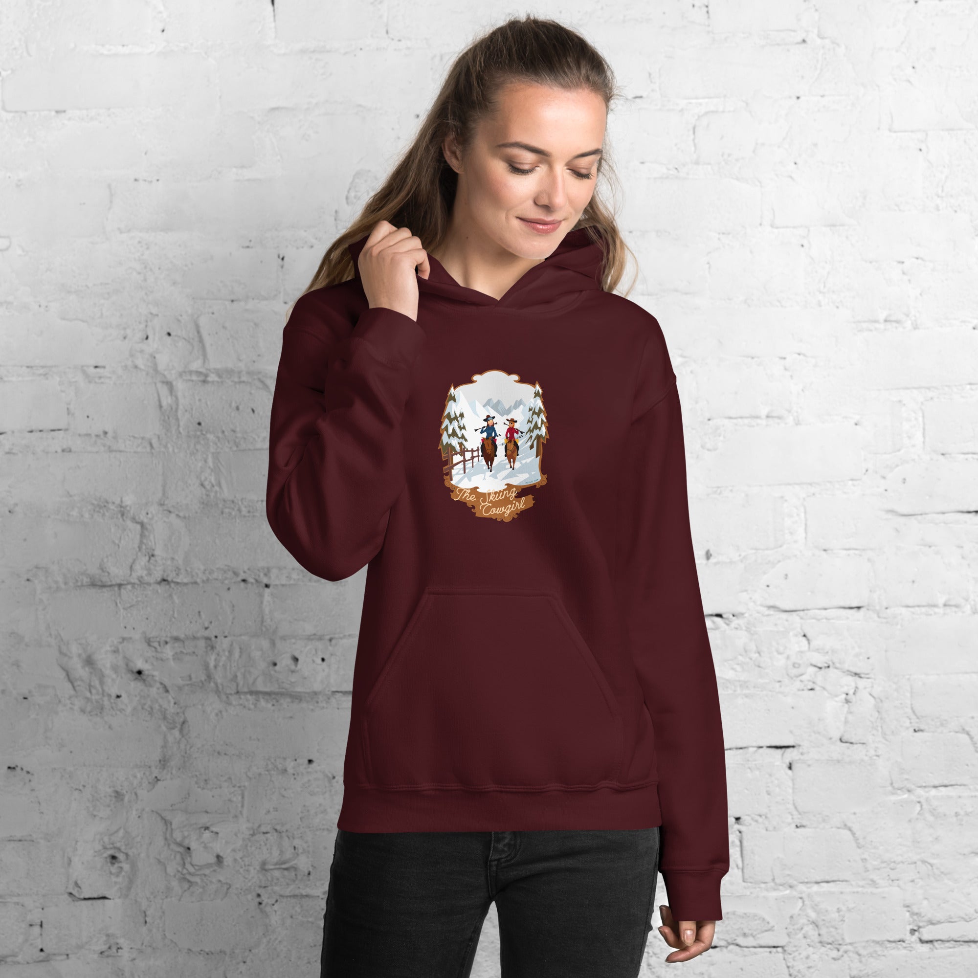 Sweat à capuche d'hiver unisexe The Skiing Cowgirl sur couleurs foncées