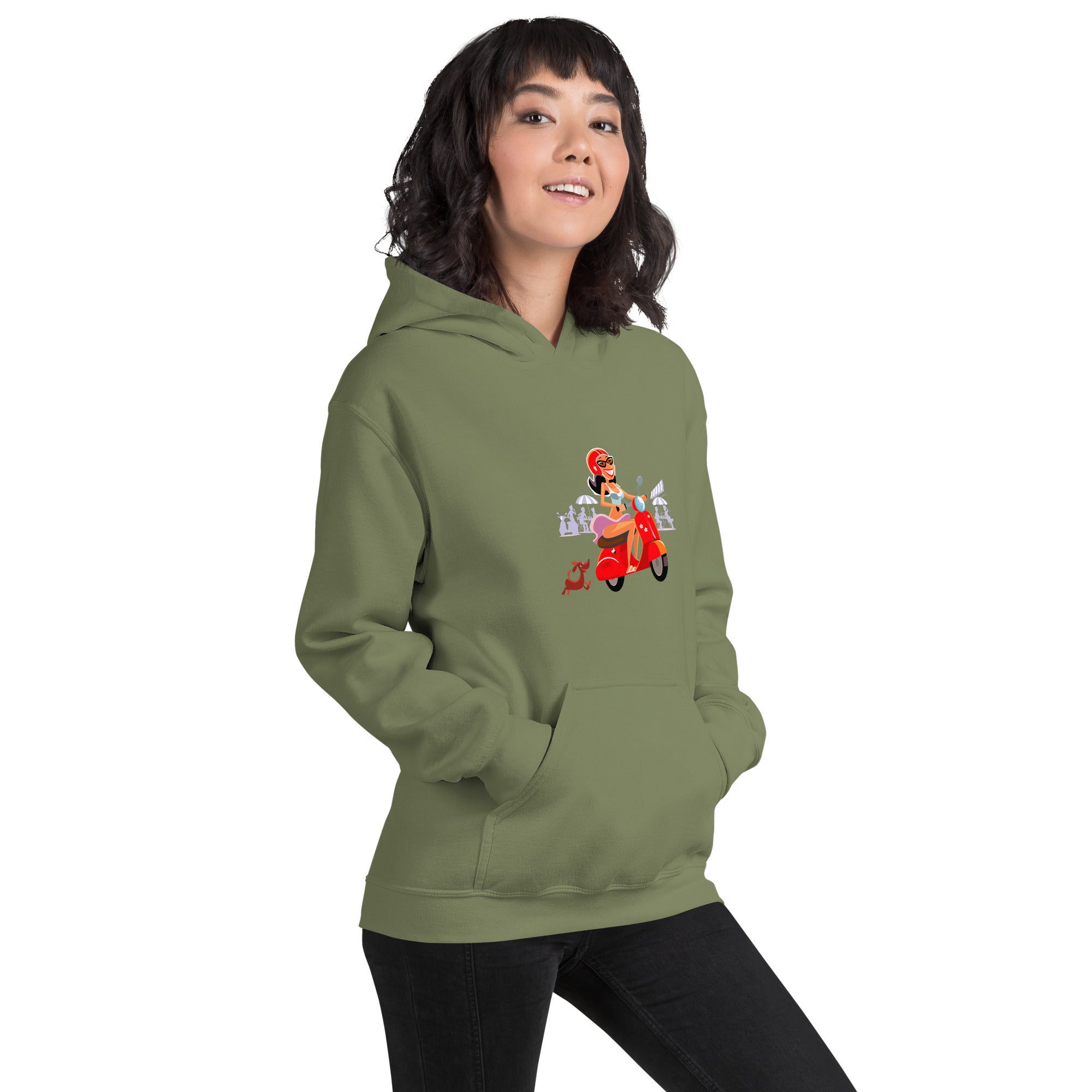 Sweat à capuche d'hiver unisexe Vespa Girl in St Tropez sur couleur foncées