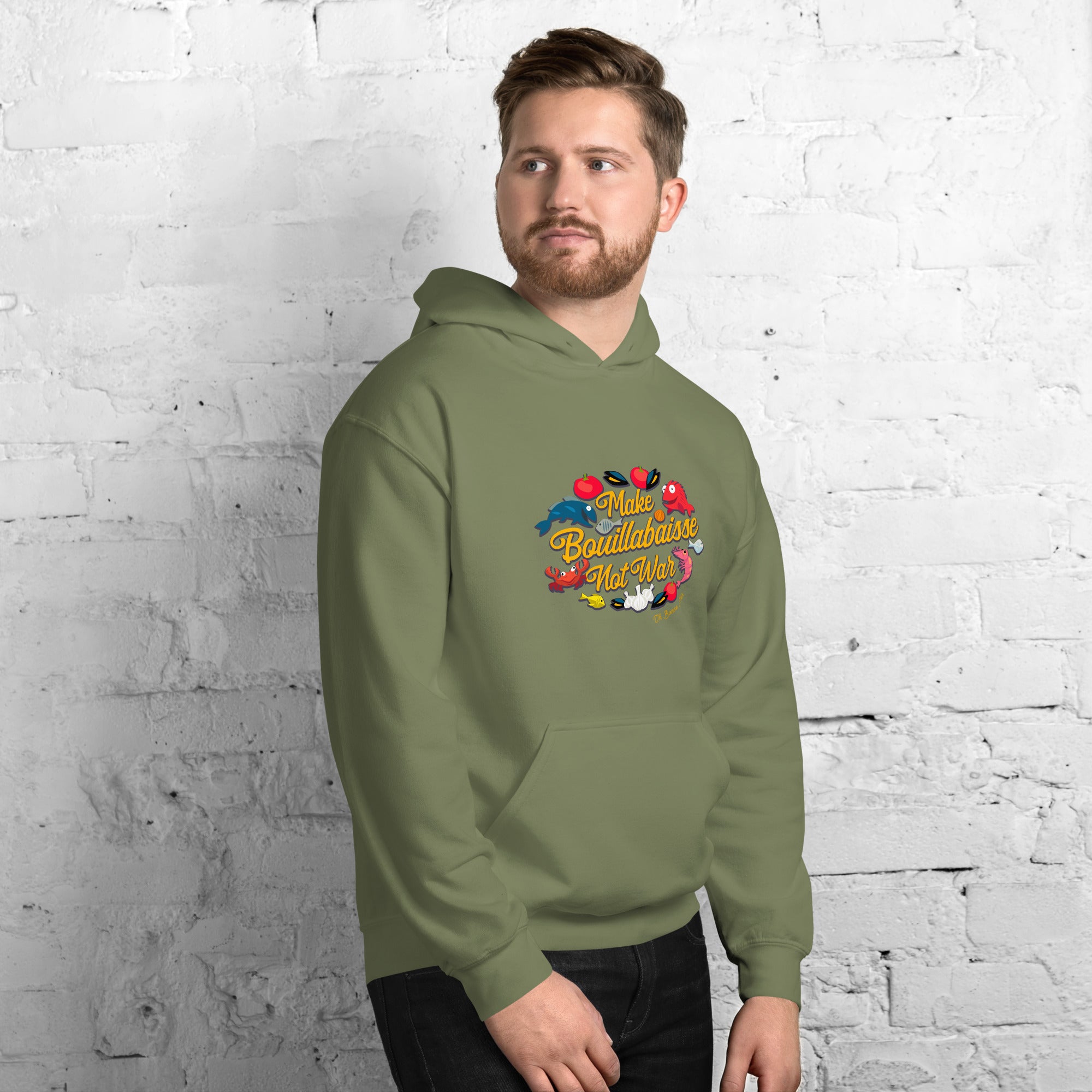 Sweat à capuche d'hiver unisexe Make Bouillabaisse Not War sur couleurs foncées