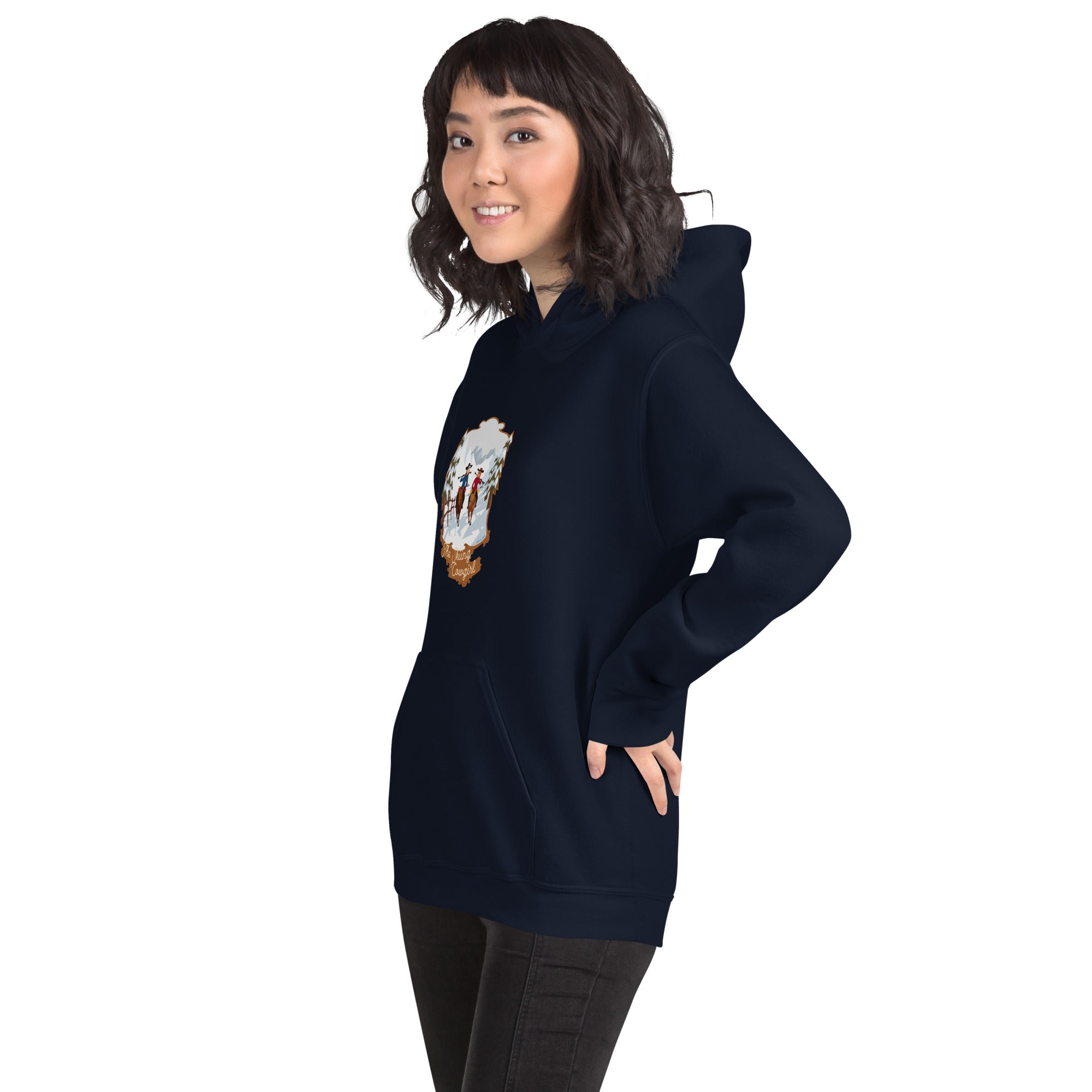 Sweat à capuche d'hiver unisexe The Skiing Cowgirl sur couleurs foncées