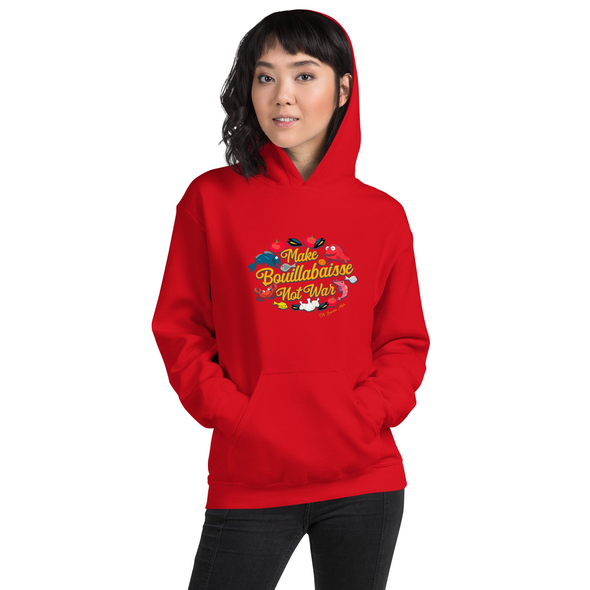 Sweat à capuche d'hiver unisexe Make Bouillabaisse Not War sur couleurs vives