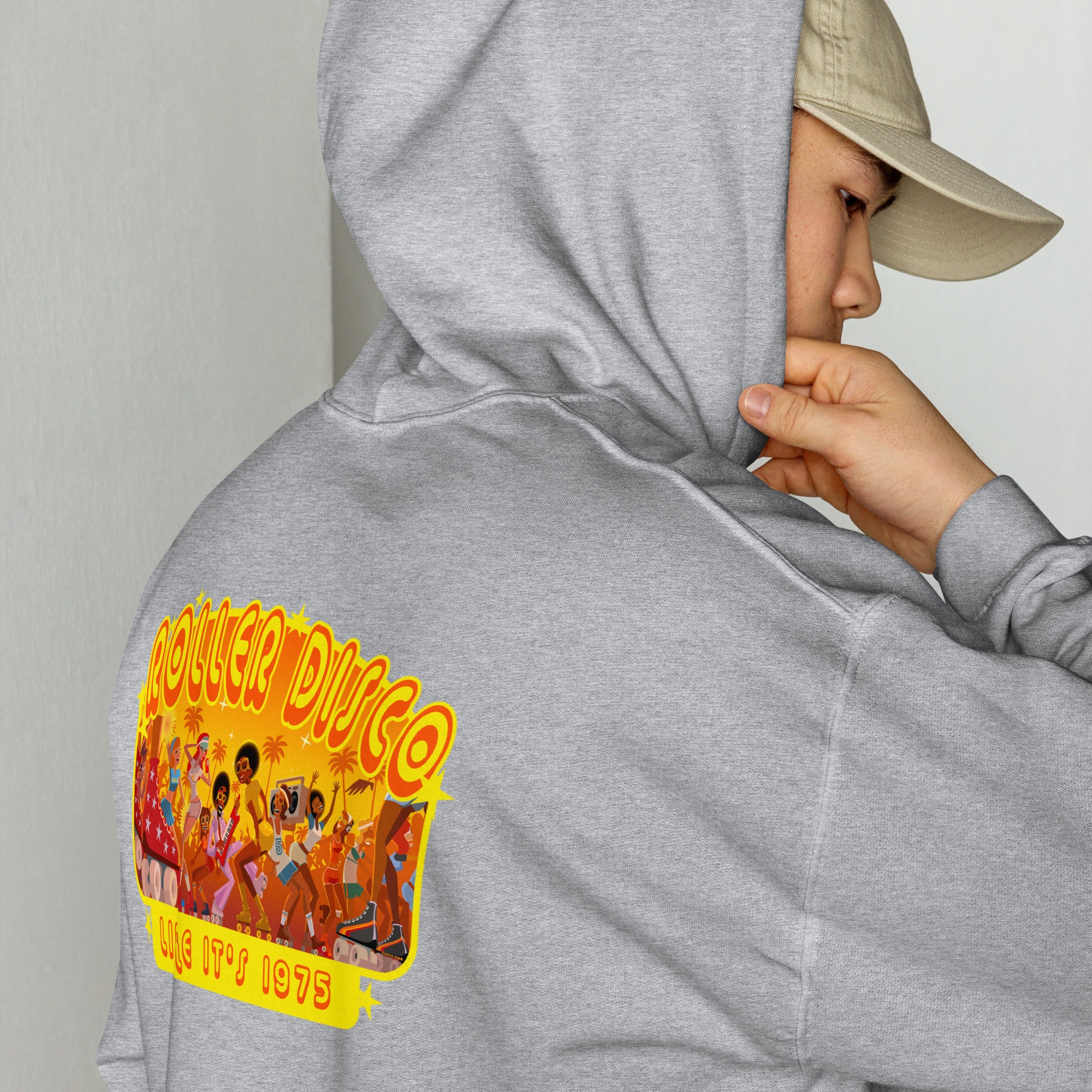 Sweat à capuche d'hiver unisexe Roller Disco 1975 sur couleurs claires (dos)